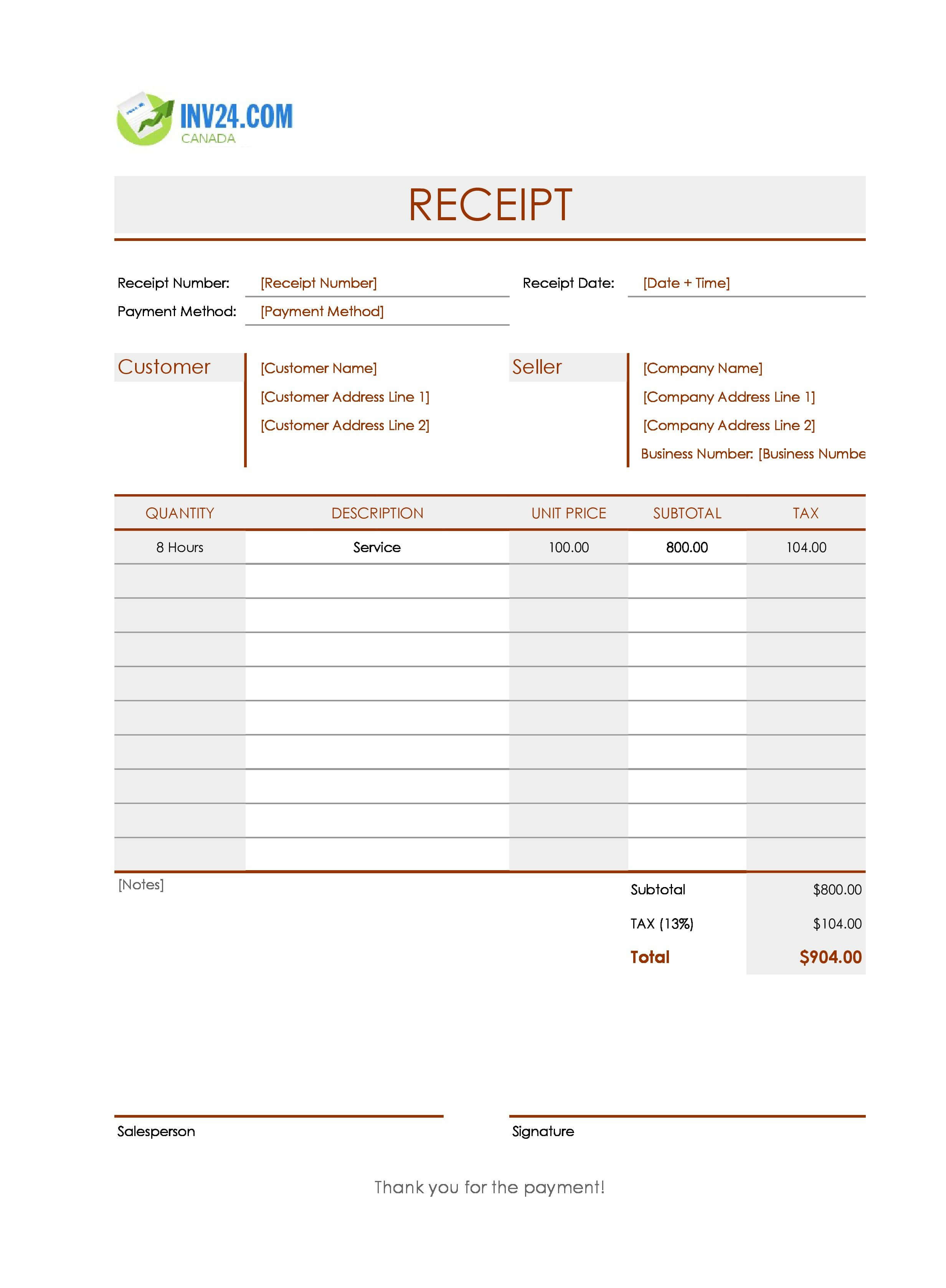 Simple Receipt Template for Canada (Excel / Google Sheets)