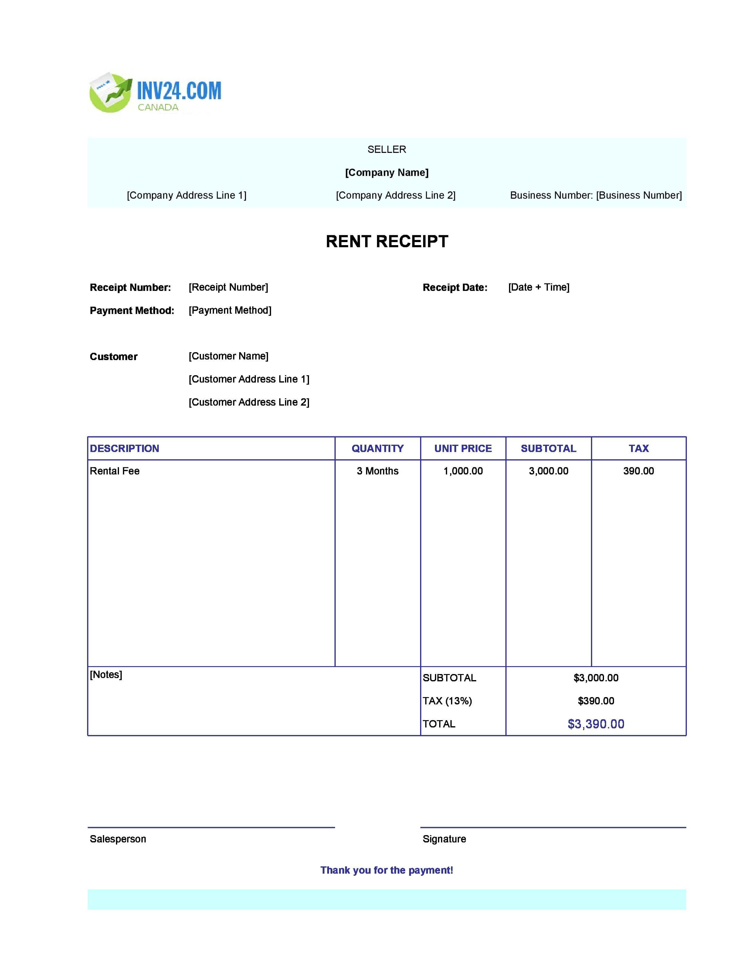 Simple Rent Receipt Template for Canada (Excel / Google Sheets)