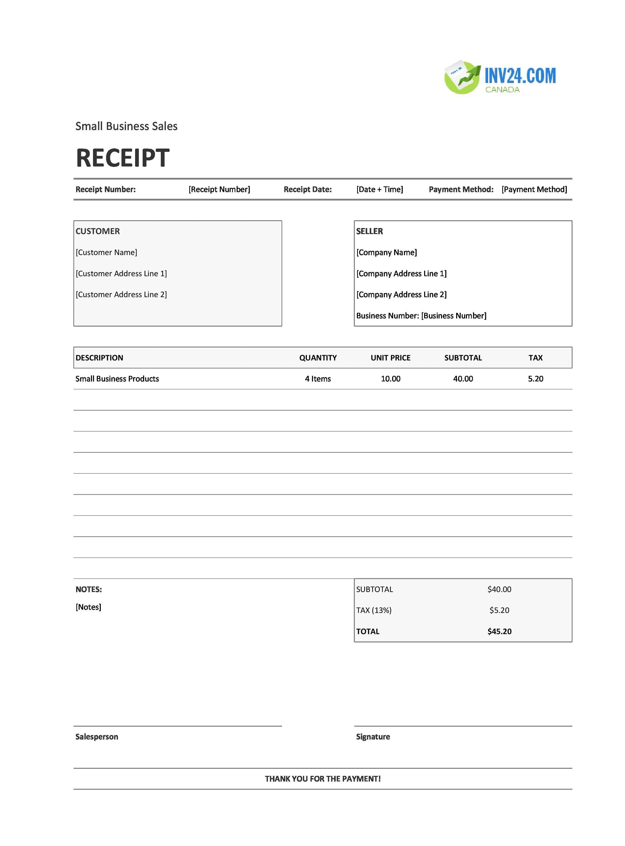 Small Business Sales Receipt Template for Canada (Excel / Google Sheets)