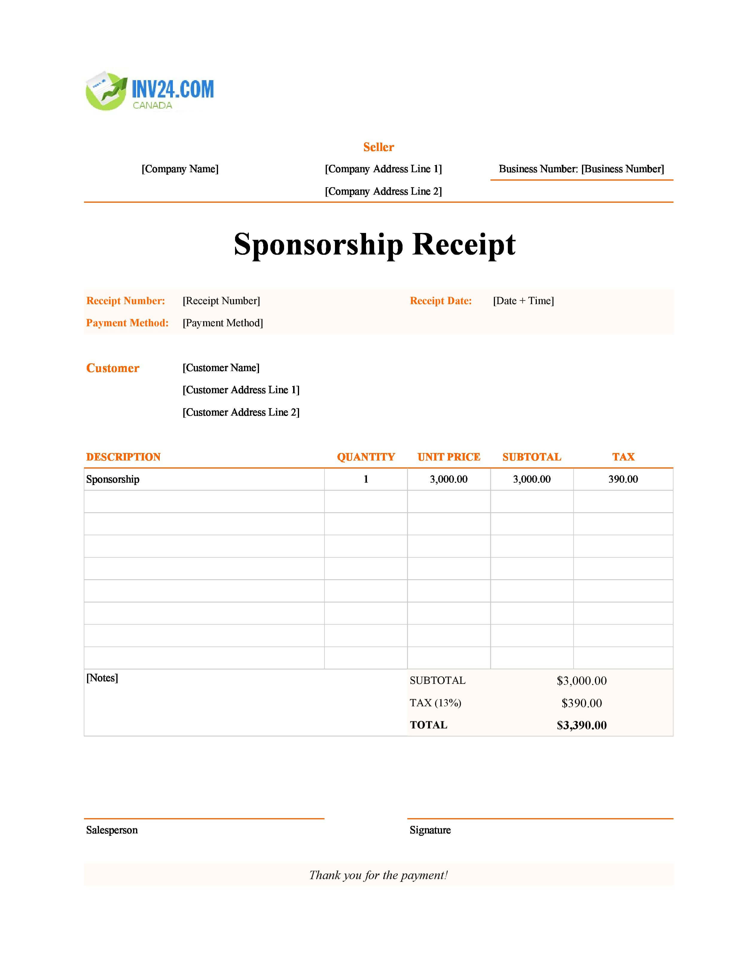 Sponsorship Receipt Template for Canada (Excel / Google Sheets)