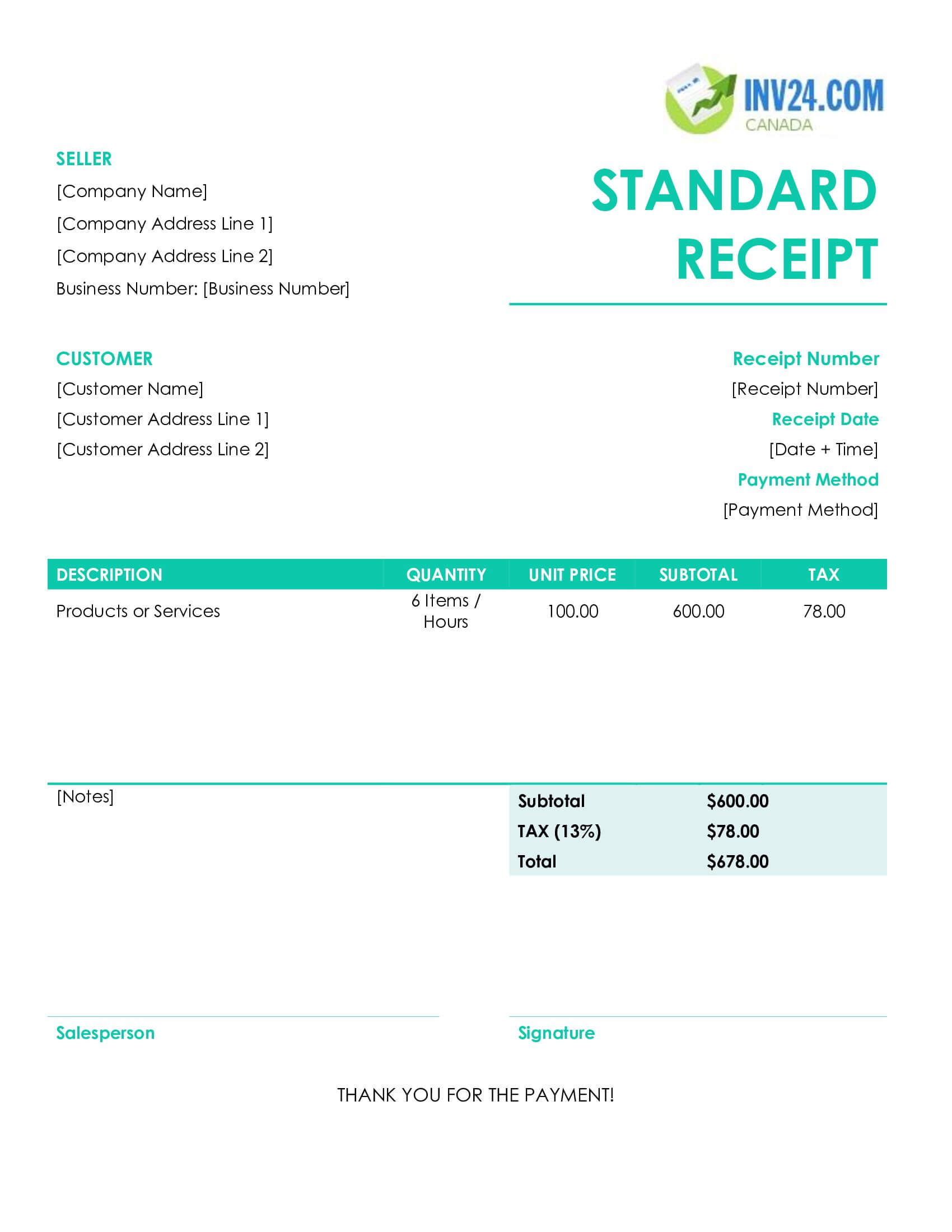 Standard Receipt Template for Canada (Word / Google Docs)