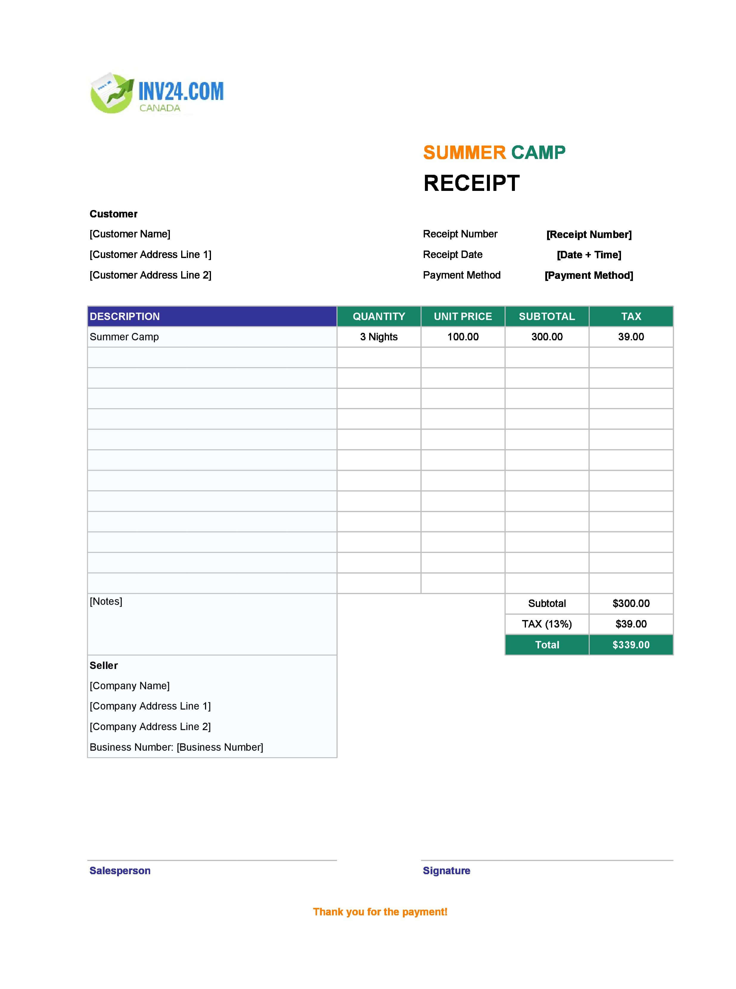 Summer Camp Receipt Template for Canada (Excel / Google Sheets)