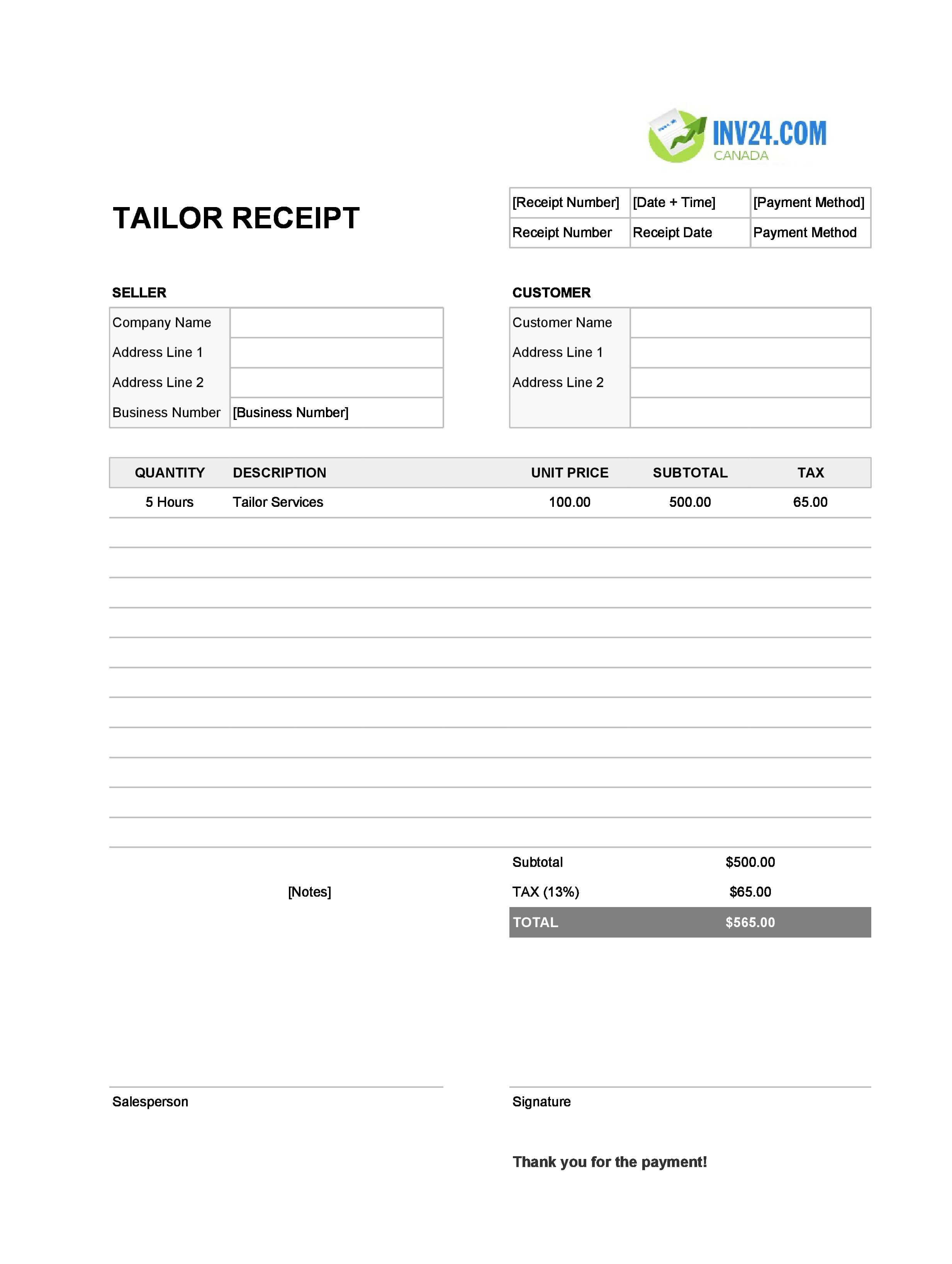 Tailor Receipt Template for Canada (Excel / Google Sheets)