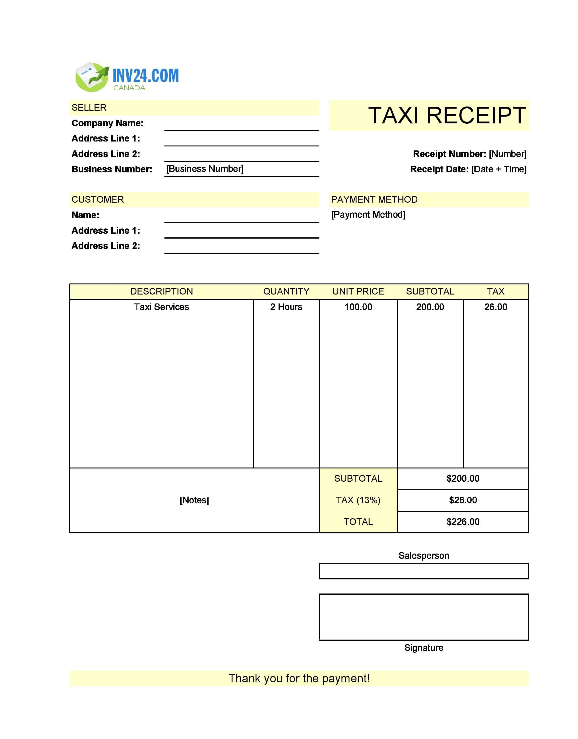 Taxi Receipt Template for Canada (Excel / Google Sheets)