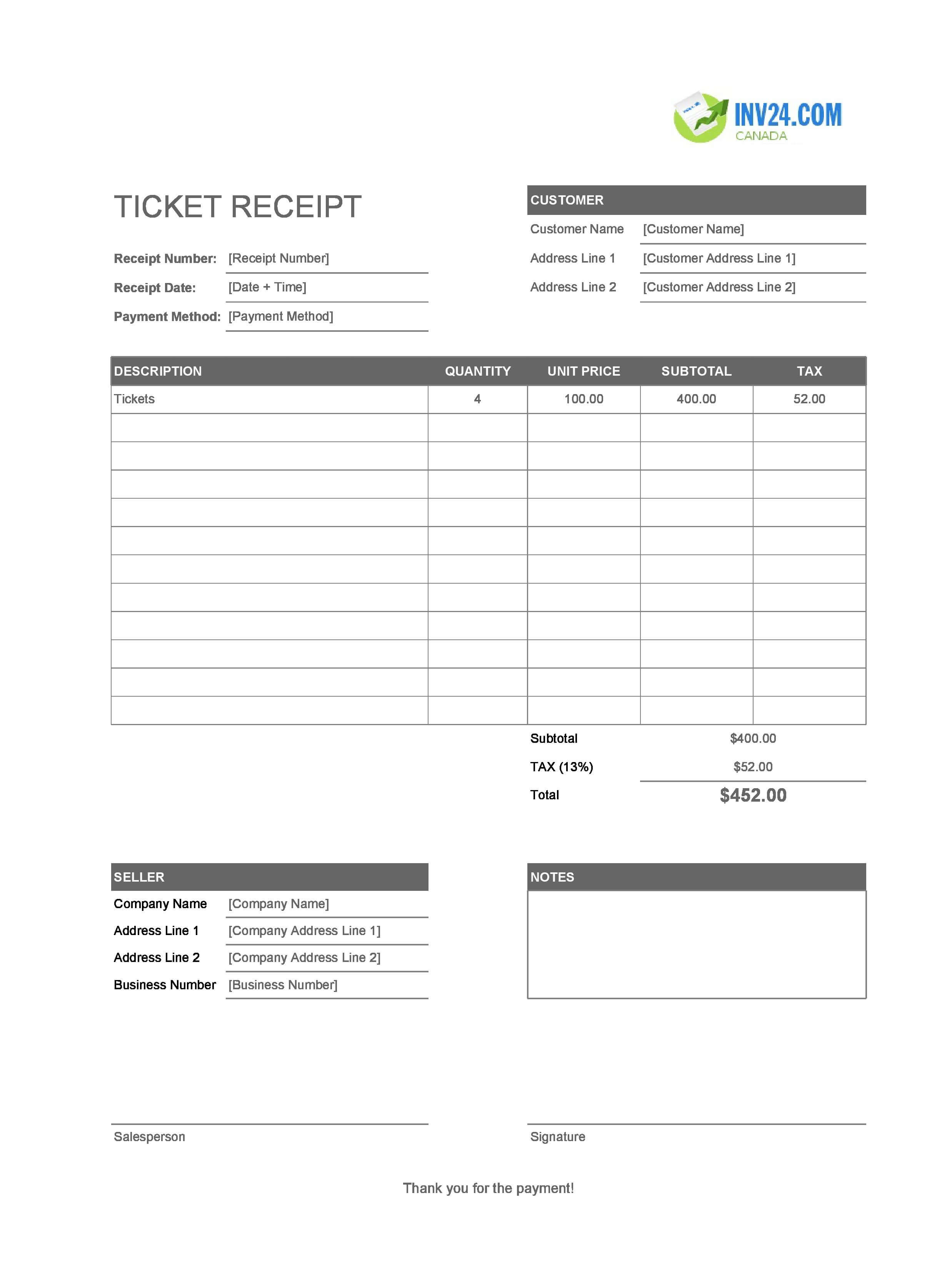 Ticket Receipt Template for Canada (Excel / Google Sheets)