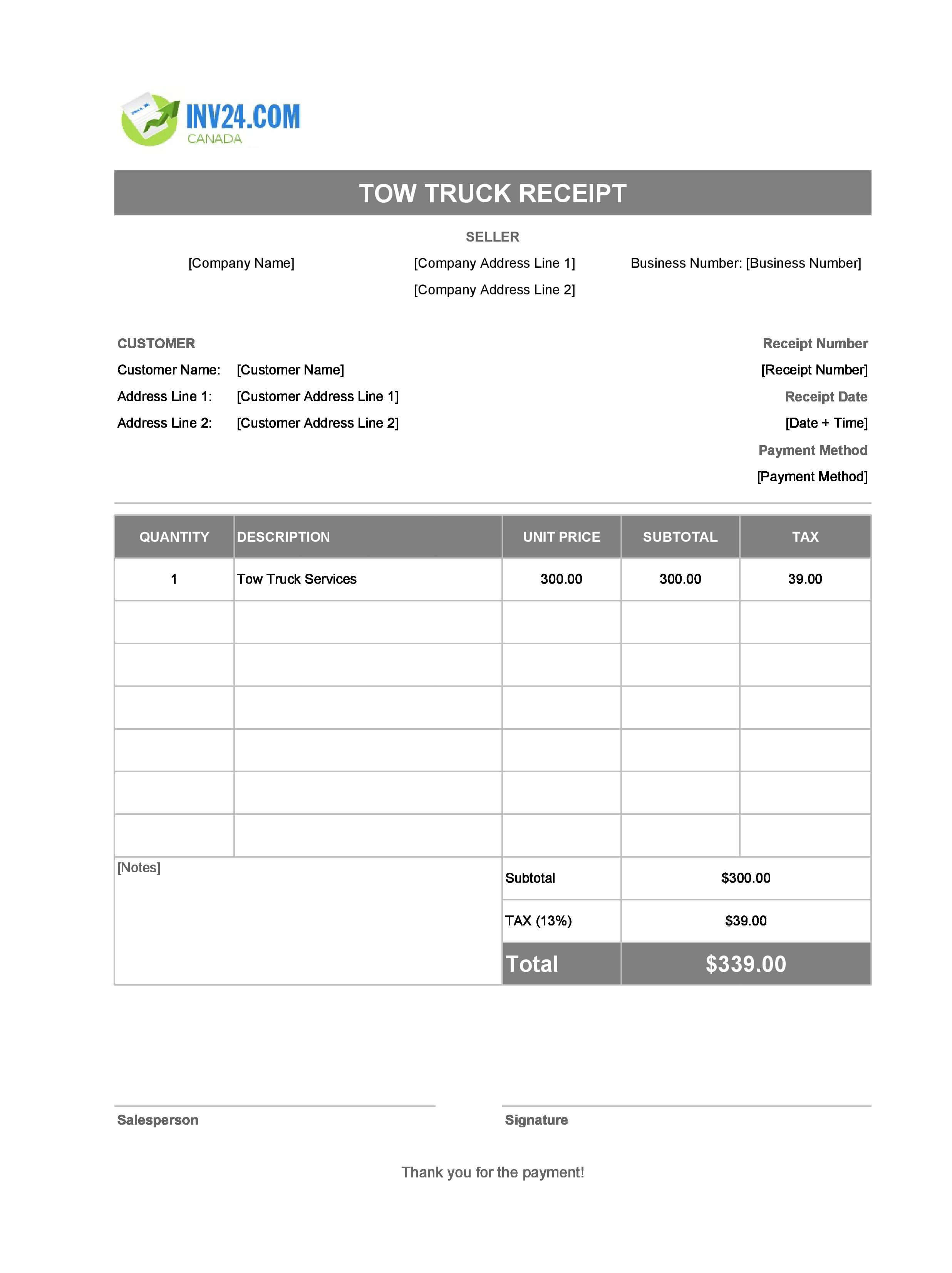 Tow Truck Receipt Template for Canada (Excel / Google Sheets)