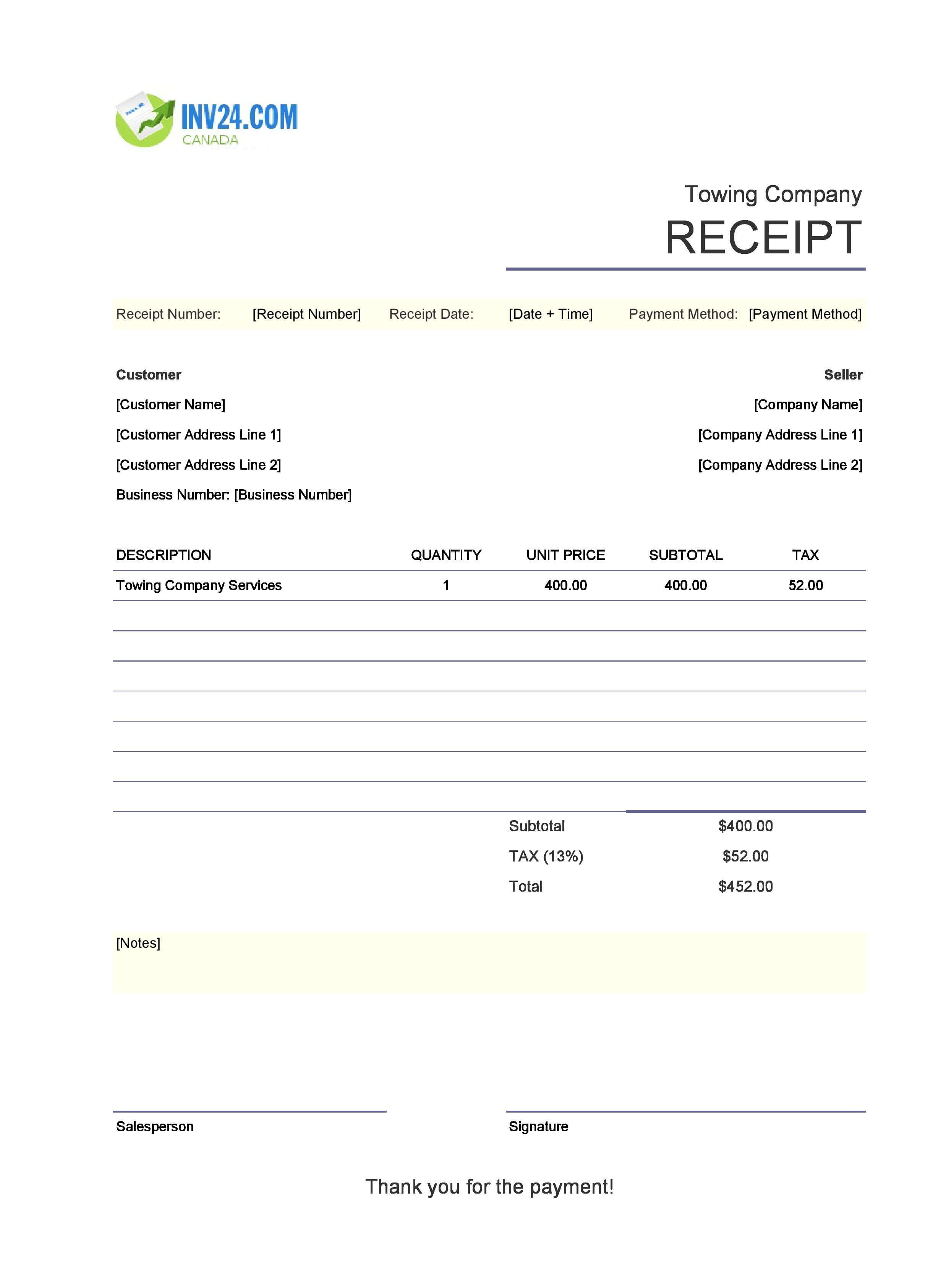Towing Company Receipt Template for Canada (Excel / Google Sheets)