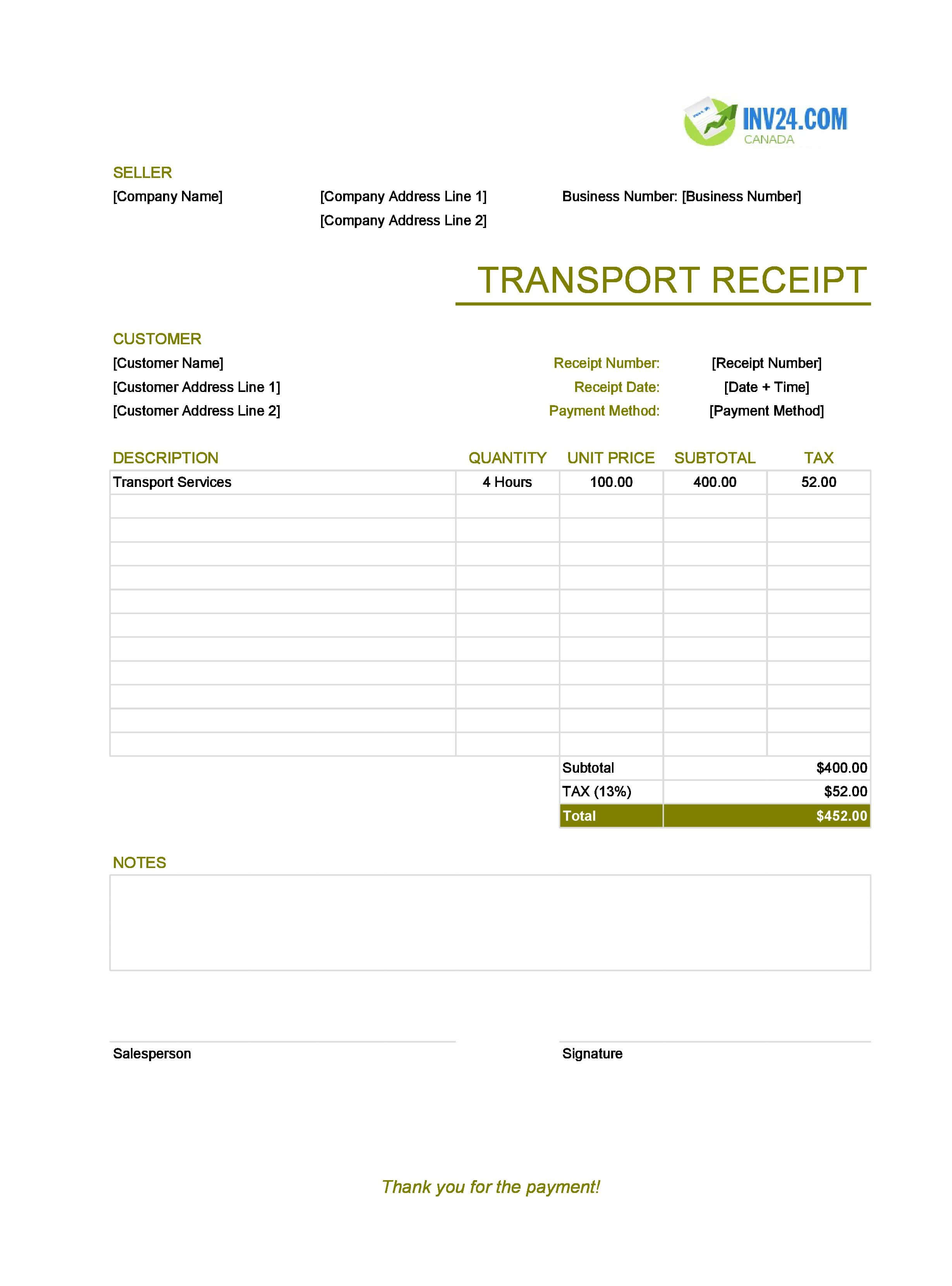Transport Receipt Template for Canada (Excel / Google Sheets)