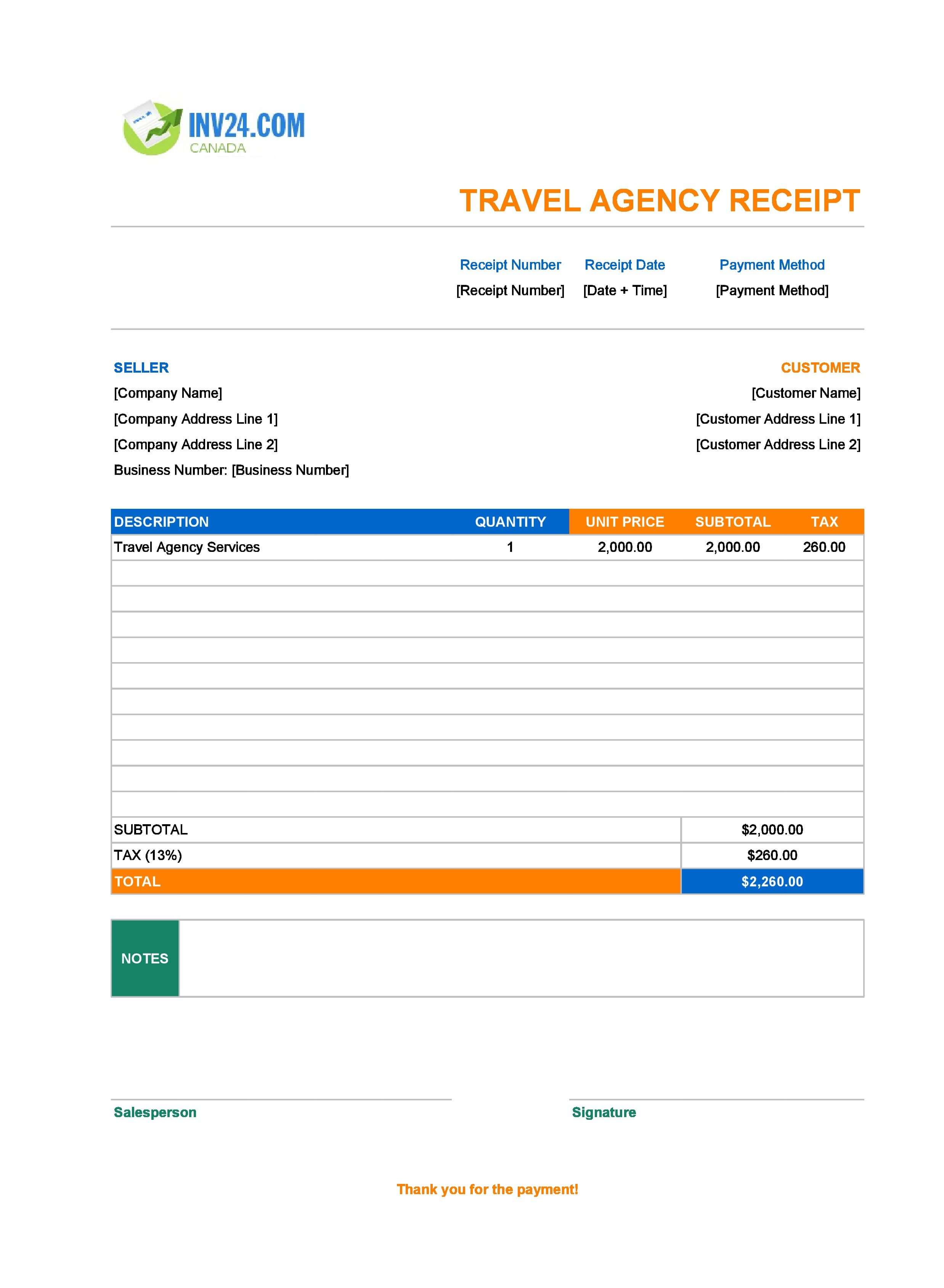 Travel Agency Receipt Template for Canada (Excel / Google Sheets)