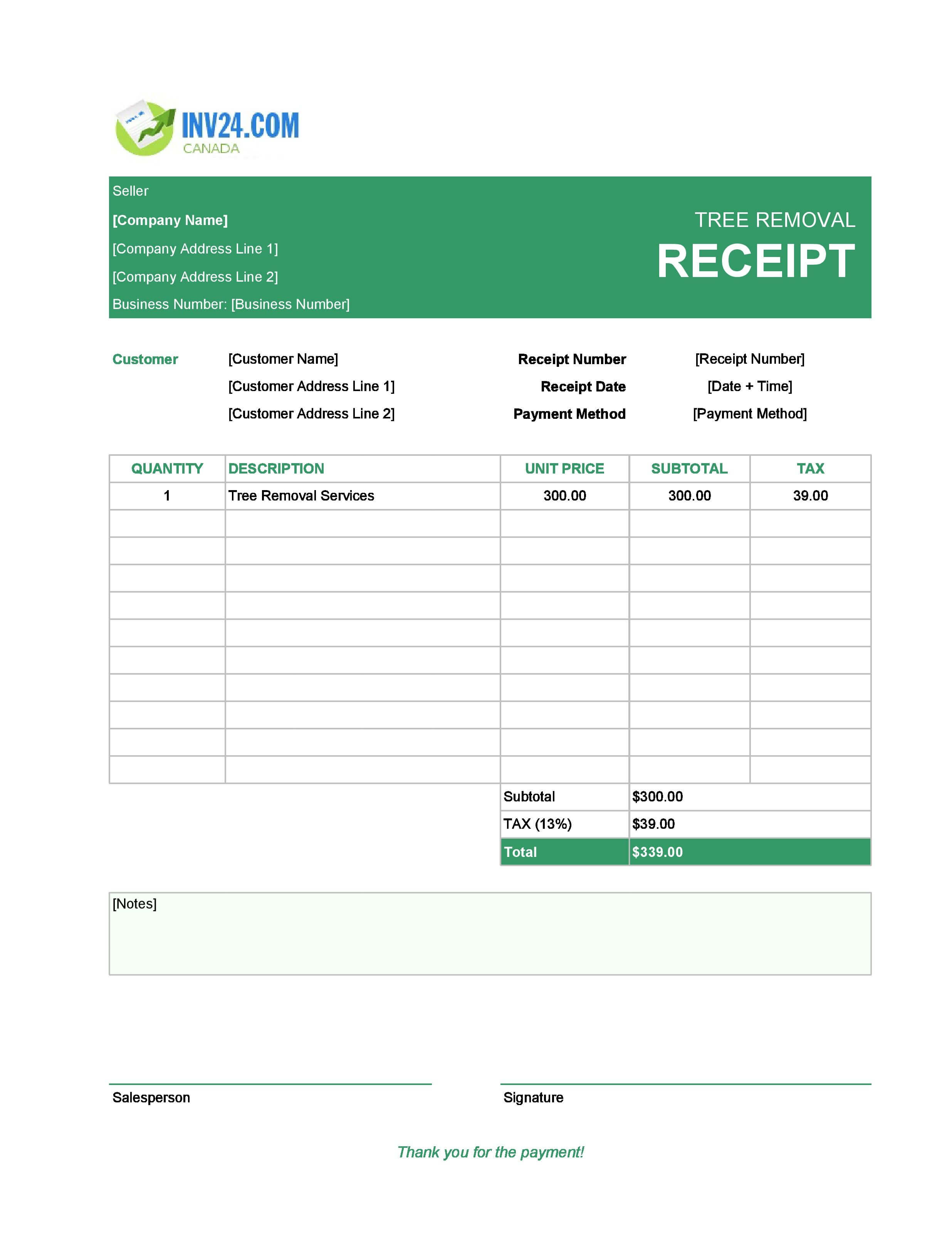 Tree Removal Receipt Template for Canada (Excel / Google Sheets)