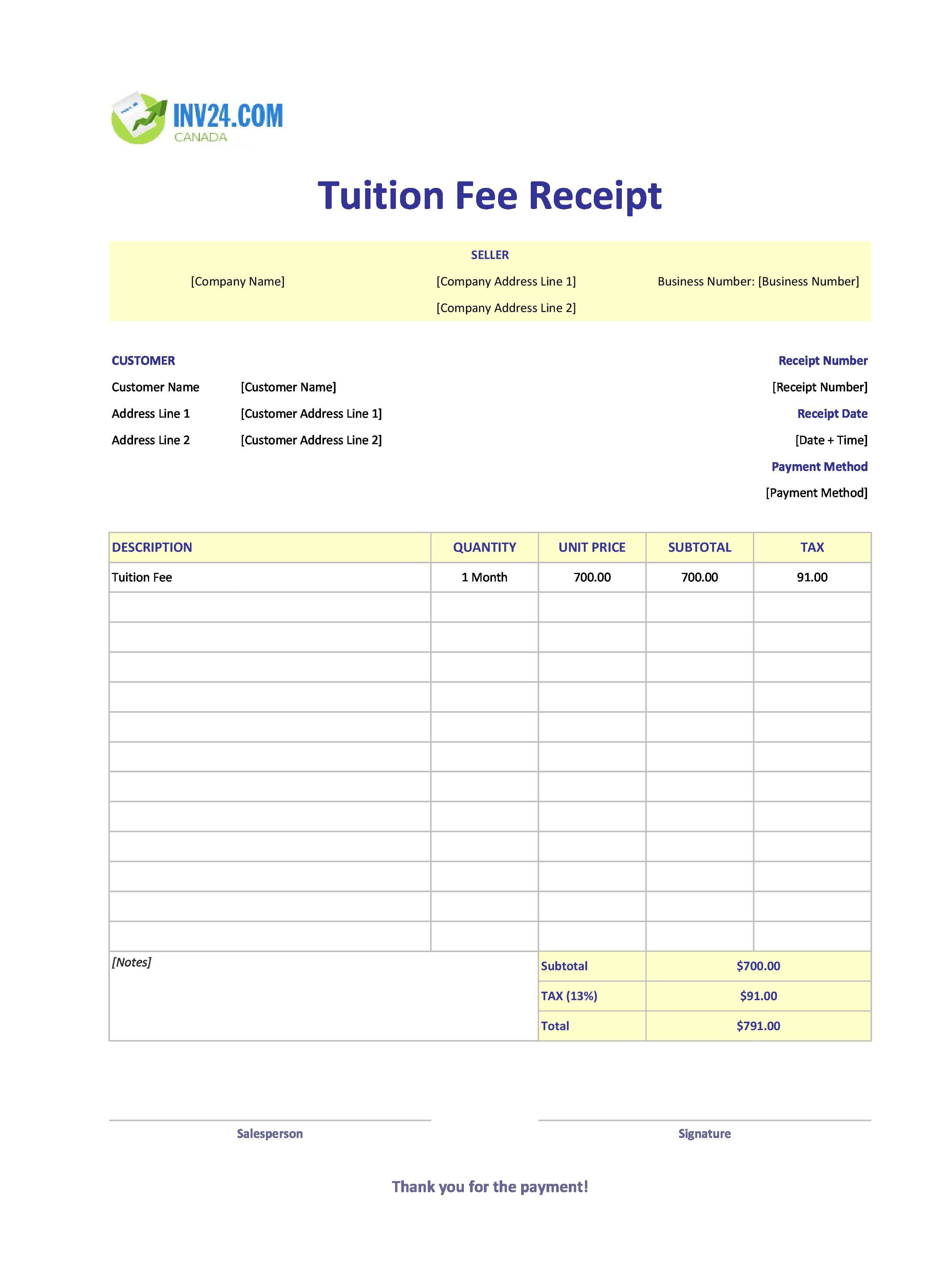 Tuition Fee Receipt Template for Canada (Excel / Google Sheets)