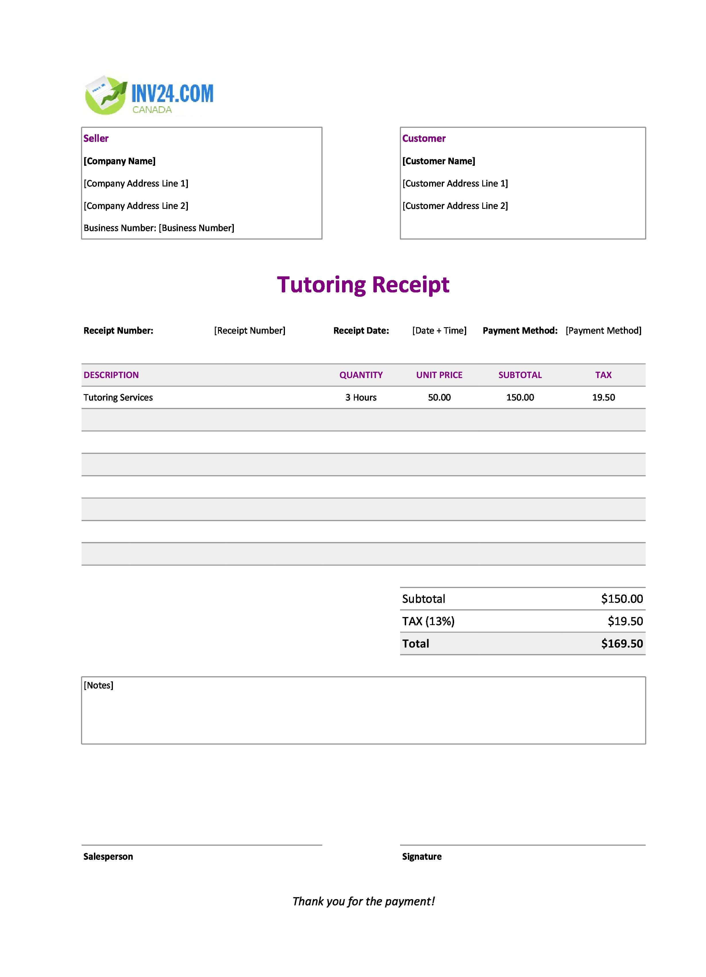 Tutoring Receipt Template for Canada (Excel / Google Sheets)