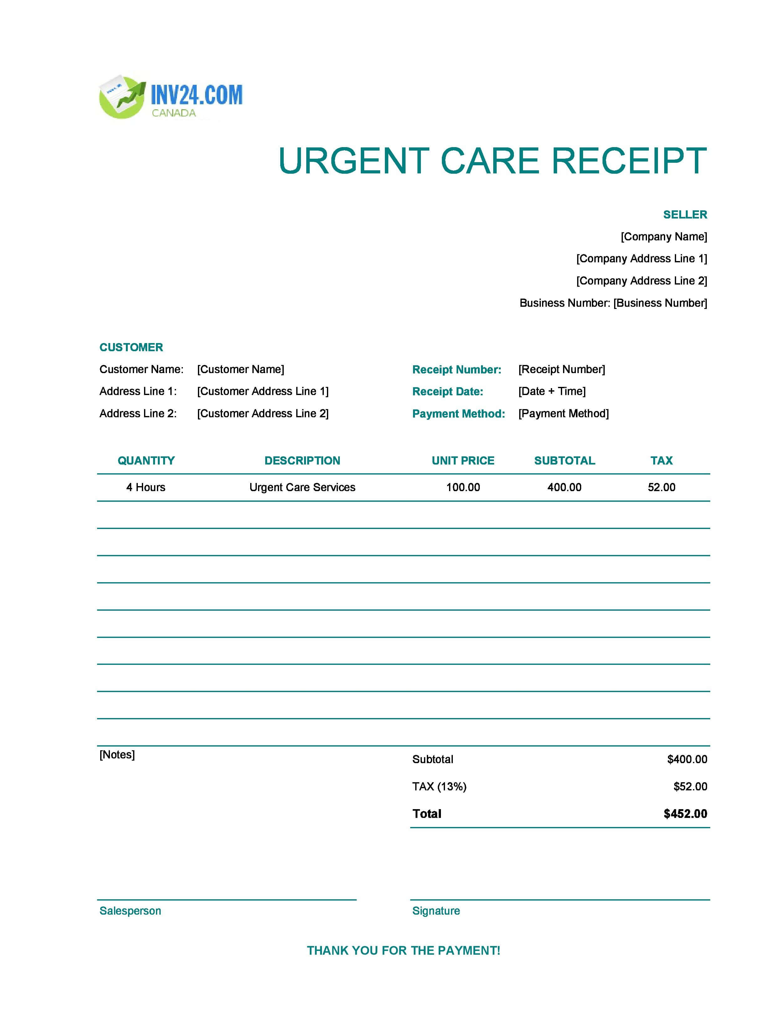 Urgent Care Receipt Template for Canada (Excel / Google Sheets)