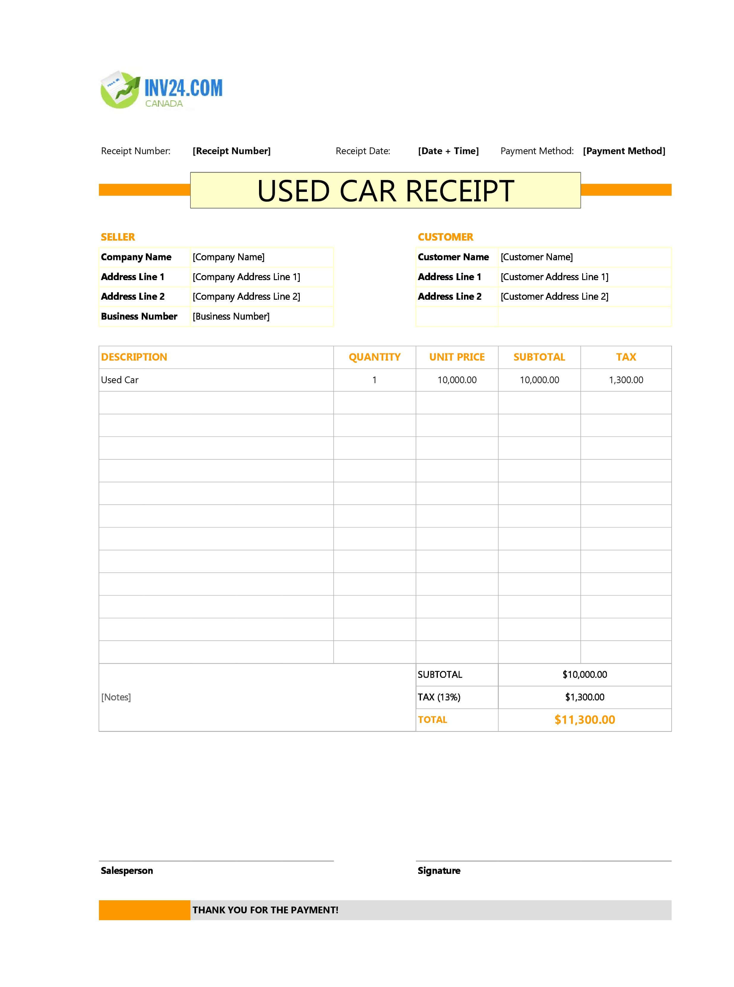 Used Car Receipt Template for Canada (Excel / Google Sheets)