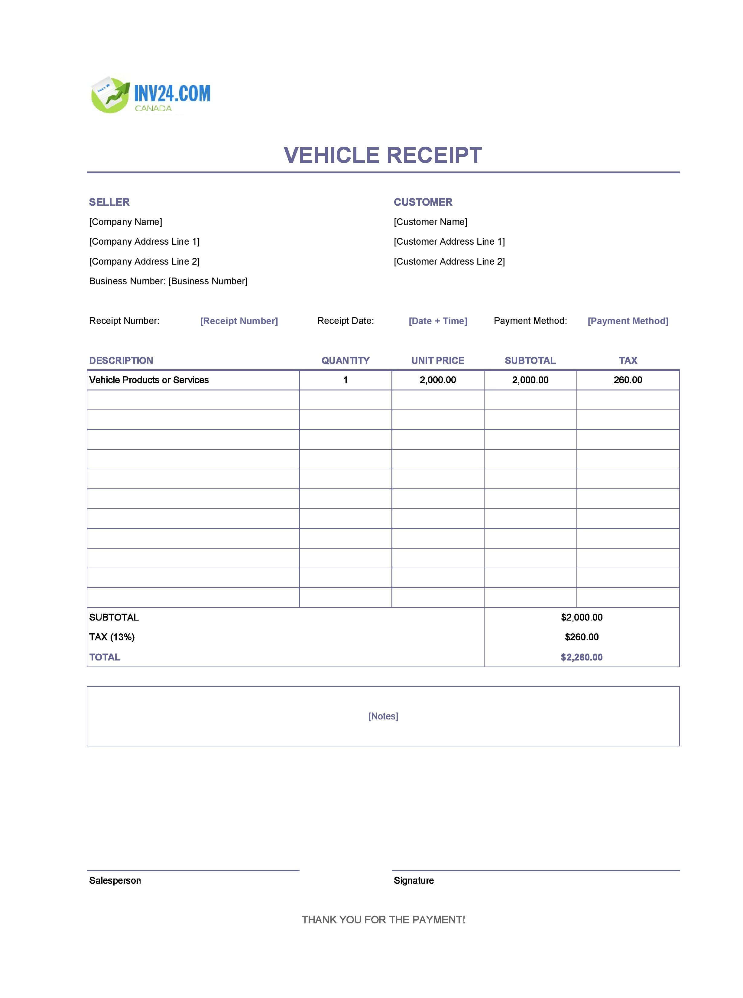 Vehicle Receipt Template for Canada (Excel / Google Sheets)