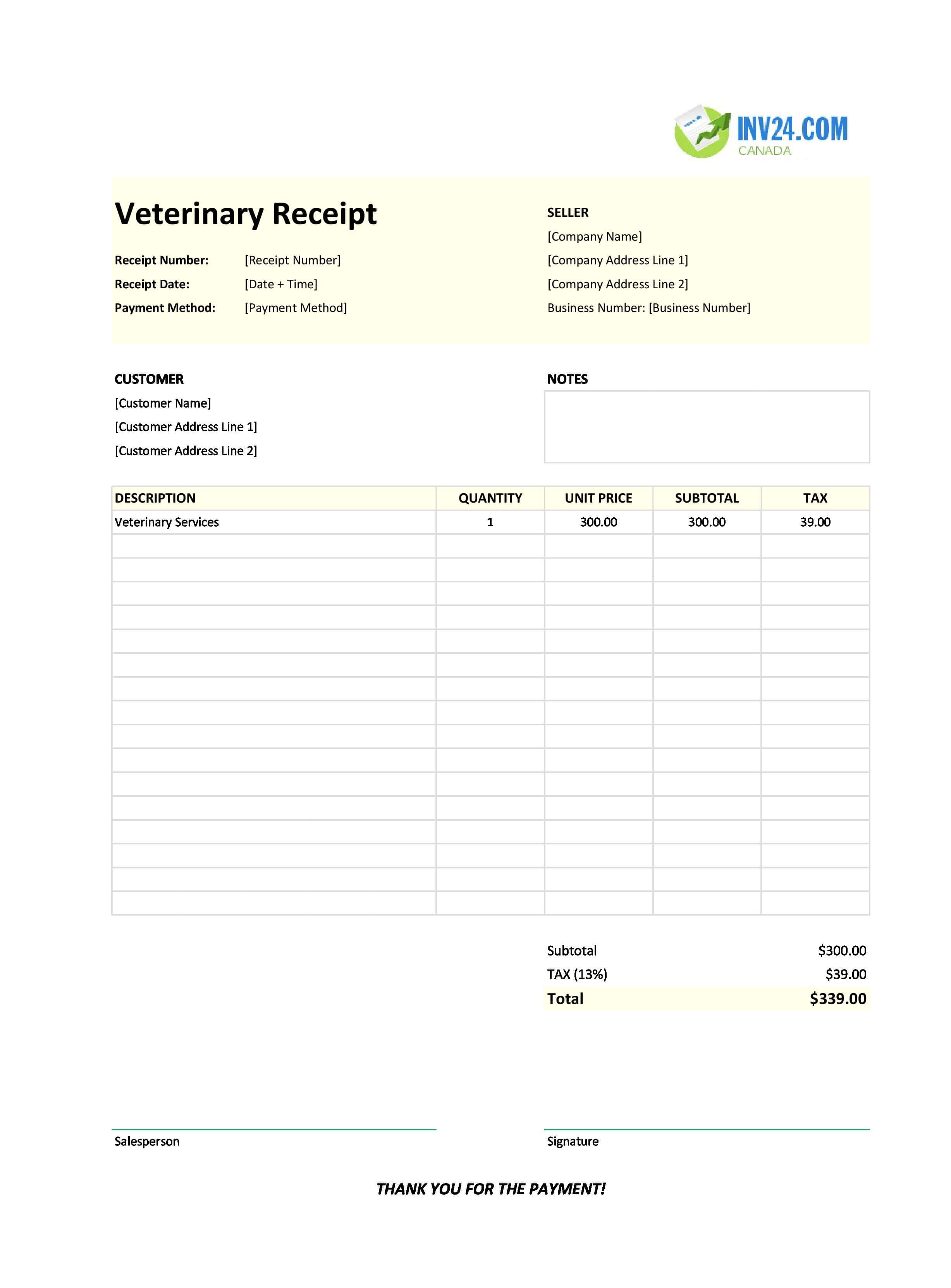 Veterinary Receipt Template for Canada (Excel / Google Sheets)