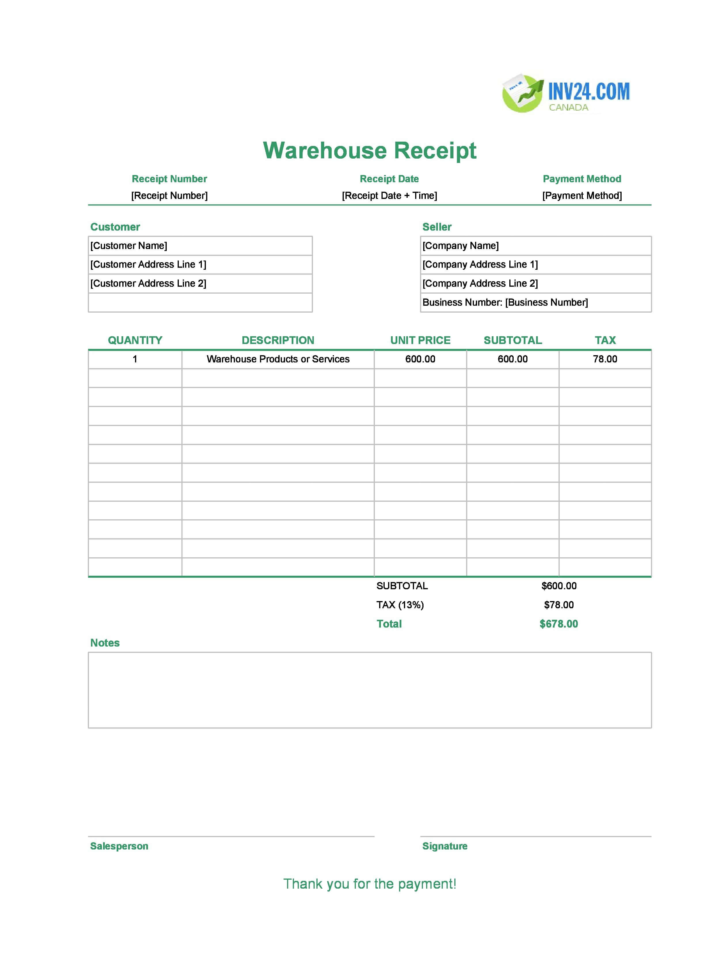 Warehouse Receipt Template for Canada (Excel / Google Sheets)