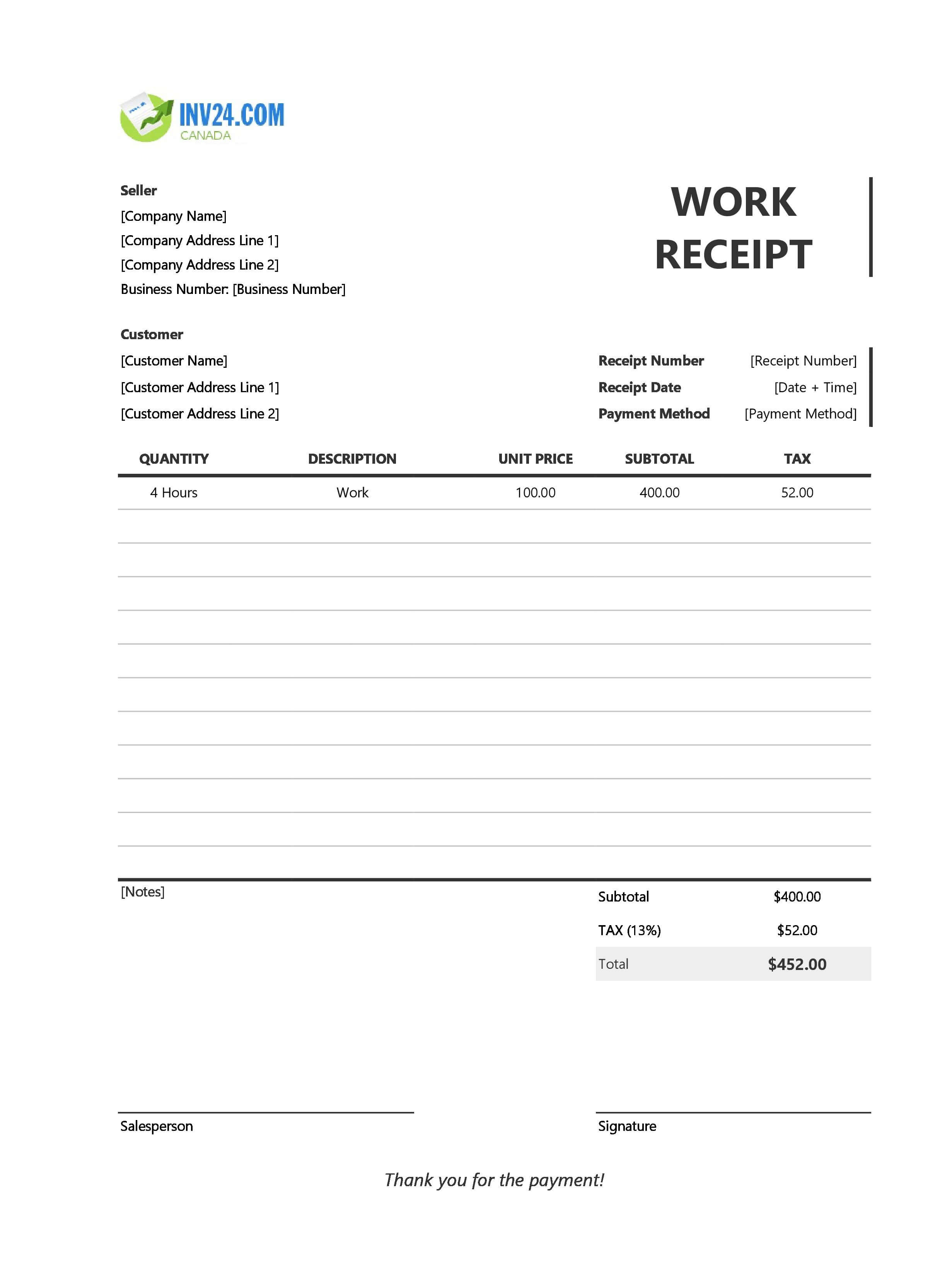 Work Receipt Template for Canada (Excel / Google Sheets)
