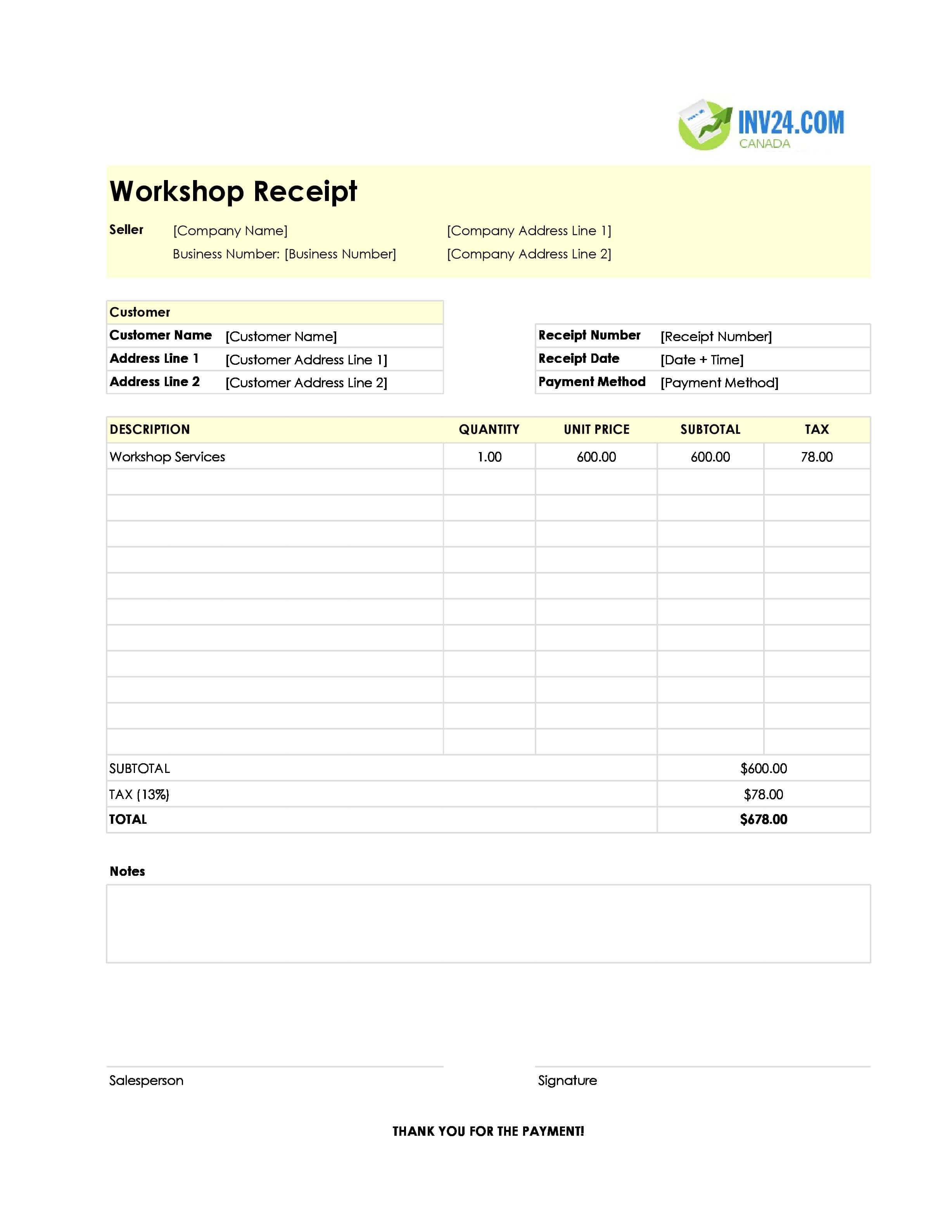 Workshop Receipt Template for Canada (Excel / Google Sheets)