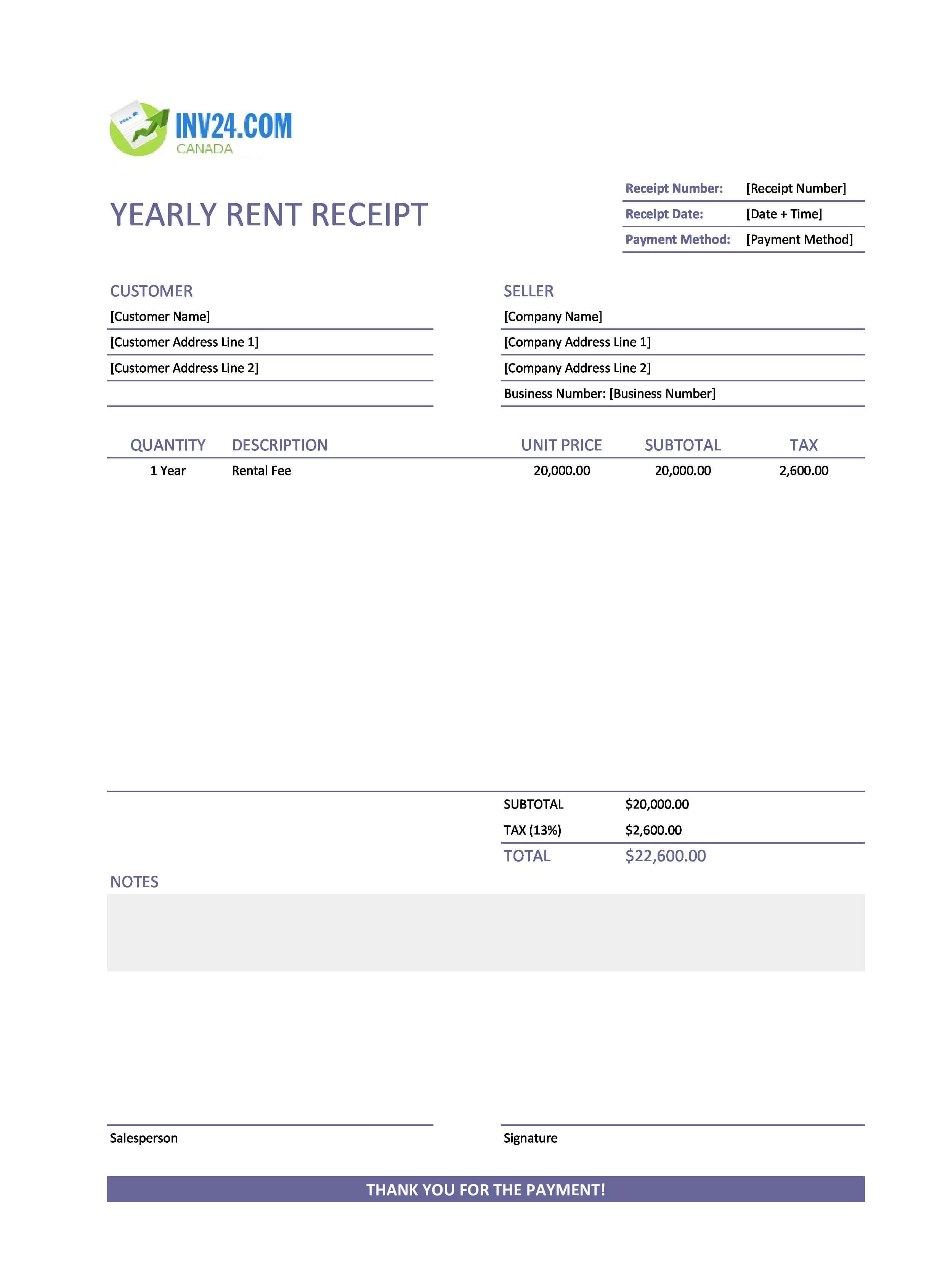 Yearly Rent Receipt Template for Canada (Excel / Google Sheets)