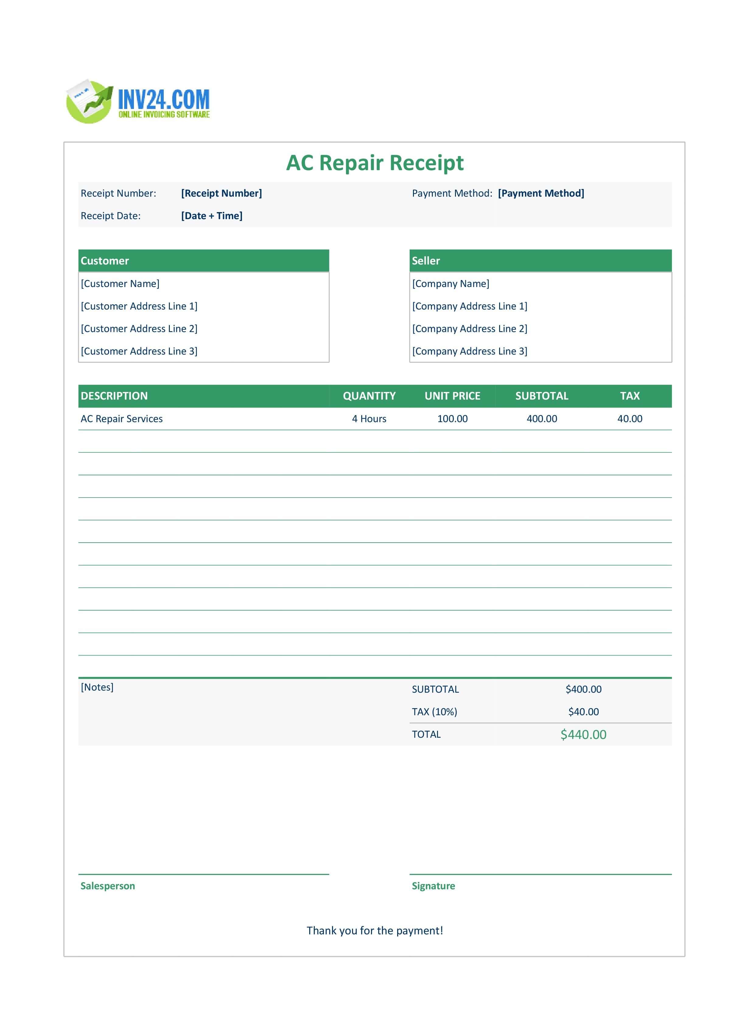 AC Repair Receipt Template (Excel / Google Sheets) AC Repair Receipt Template (Excel / Google Sheets)