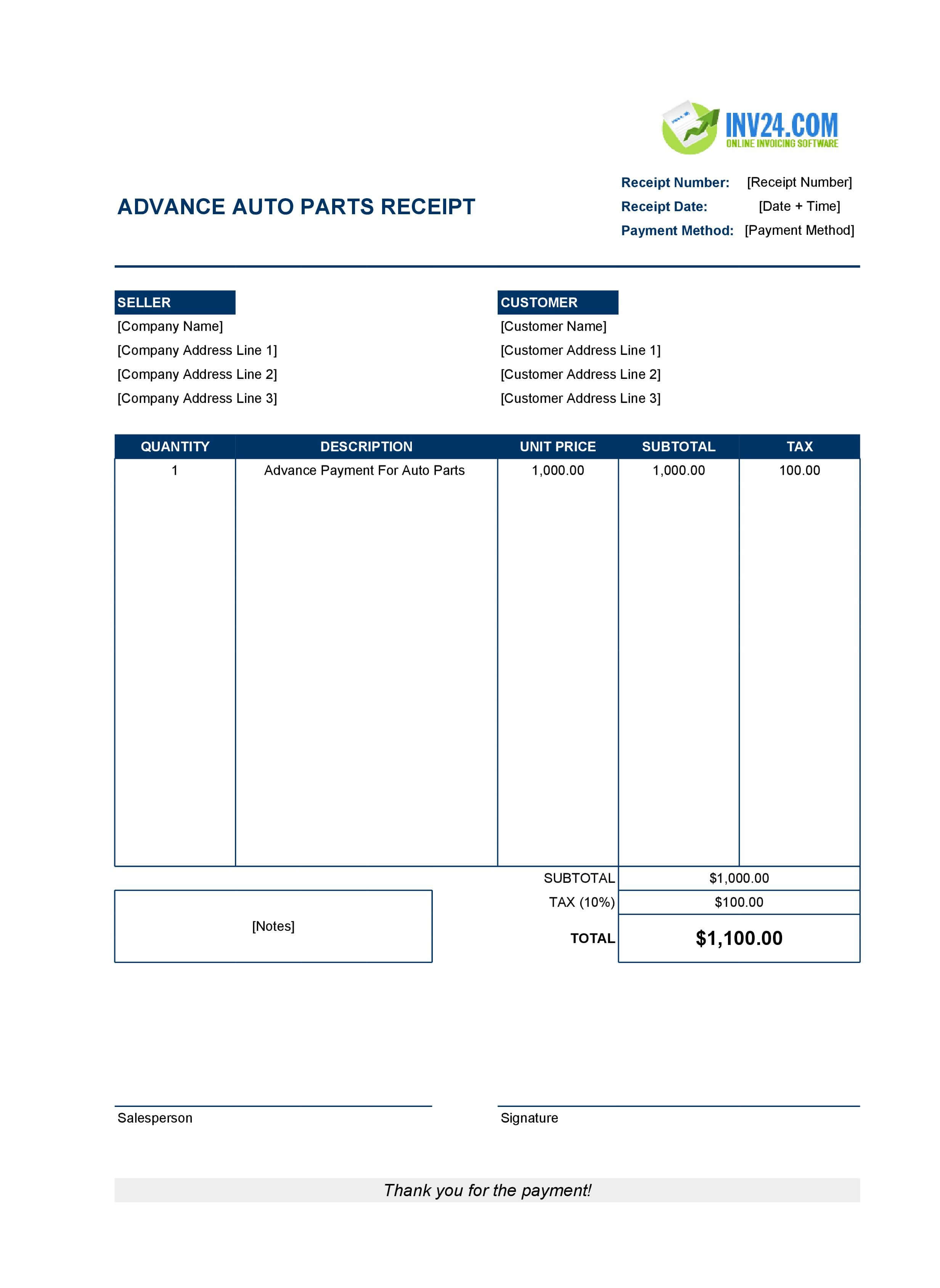 Advance Auto Parts Receipt Template (Excel / Google Sheets) Advance Auto Parts Receipt Template (Excel / Google Sheets)