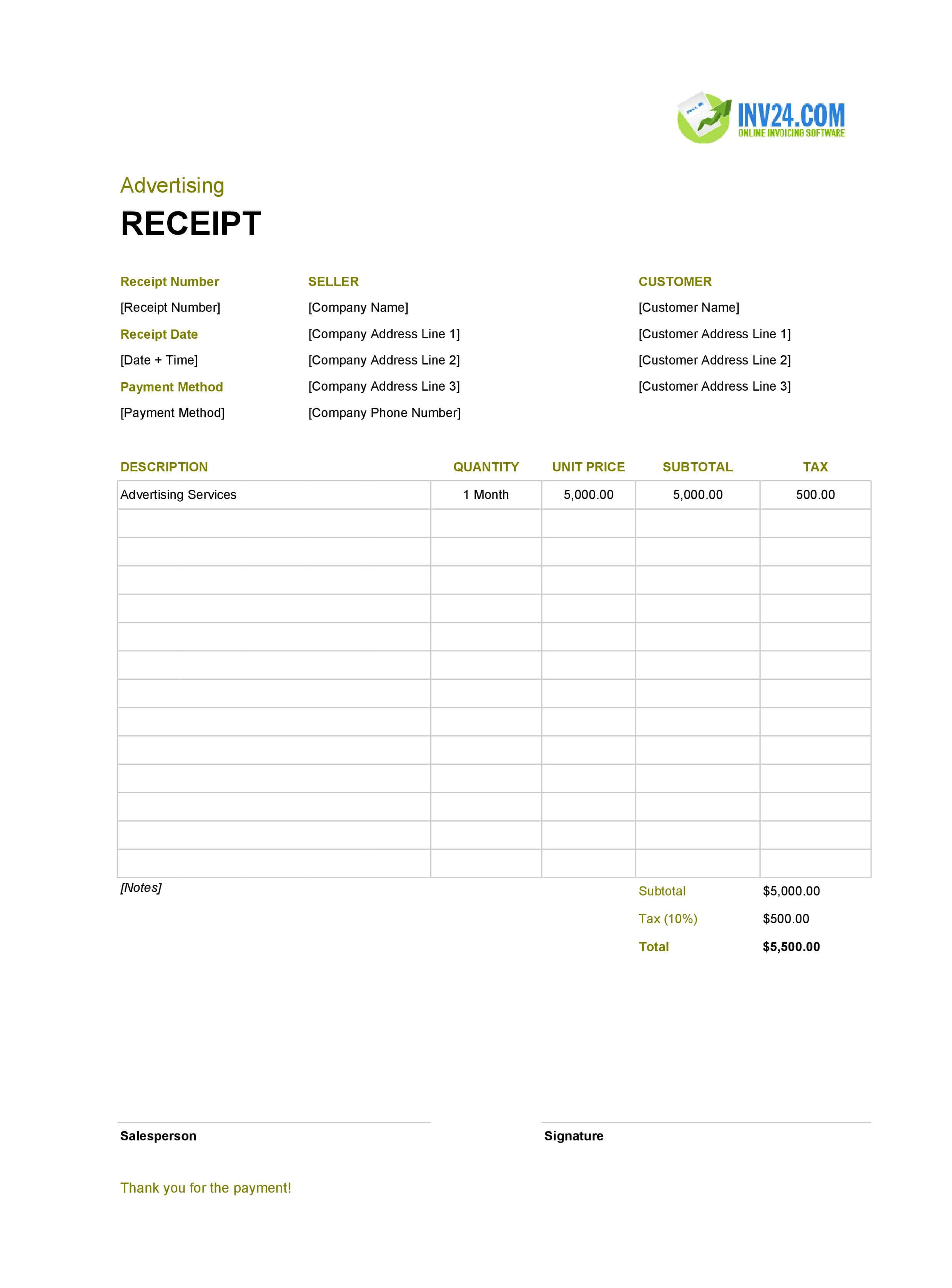Advertising Receipt Template (Excel / Google Sheets) Advertising Receipt Template (Excel / Google Sheets)