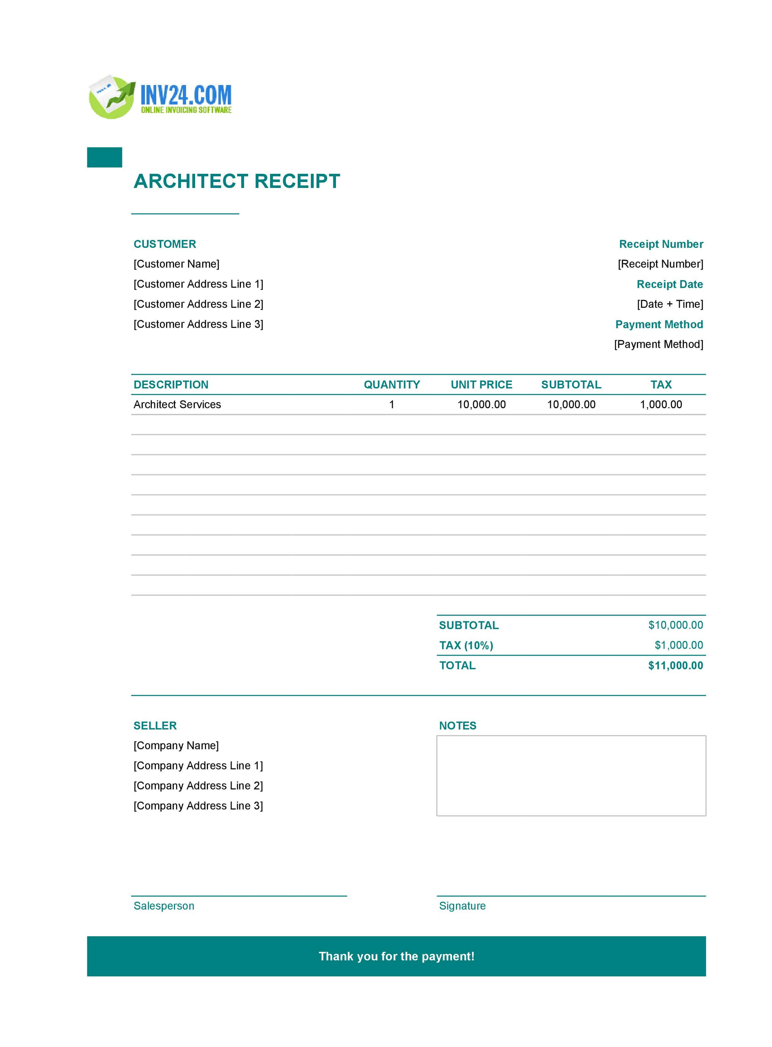Architect Receipt Template (Excel / Google Sheets)