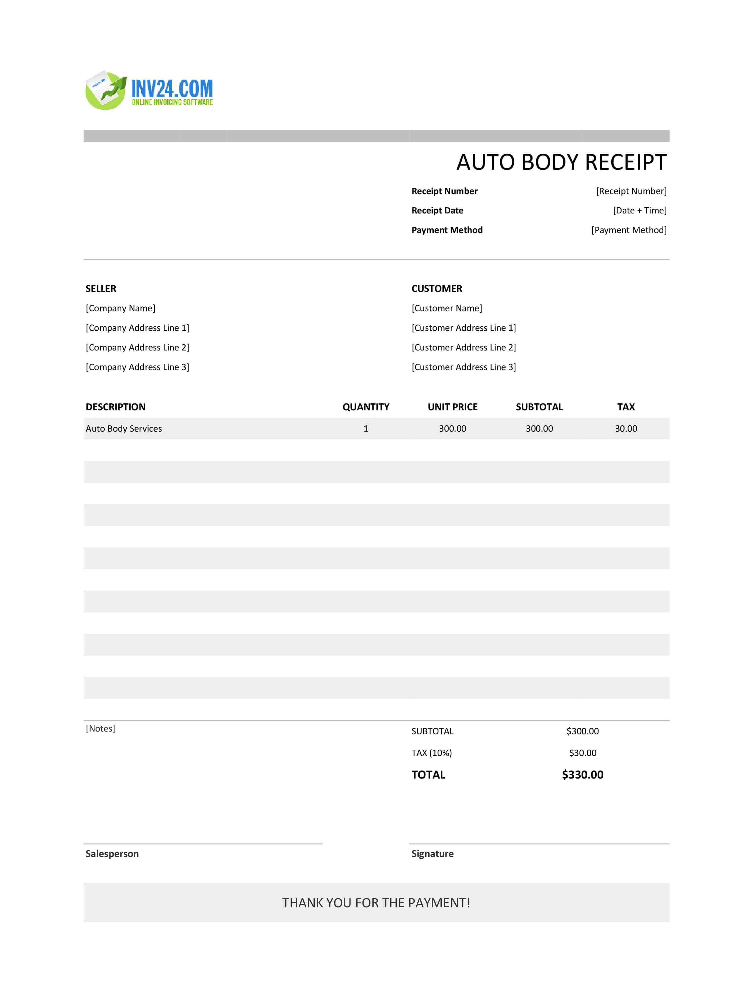 Auto Body Receipt Template (Excel / Google Sheets)