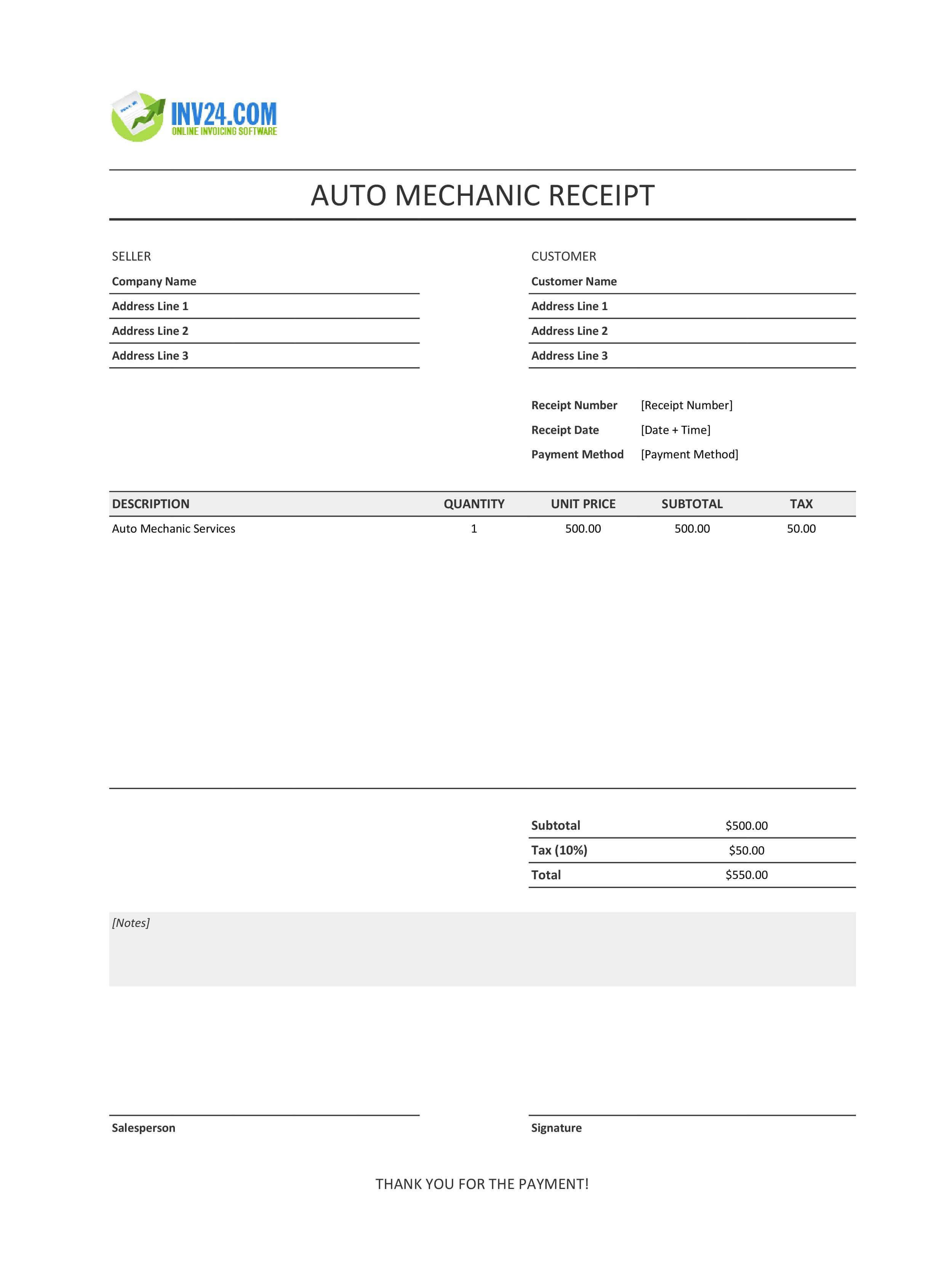 Auto Mechanic Receipt Template (Excel / Google Sheets) Auto Mechanic Receipt Template (Excel / Google Sheets)