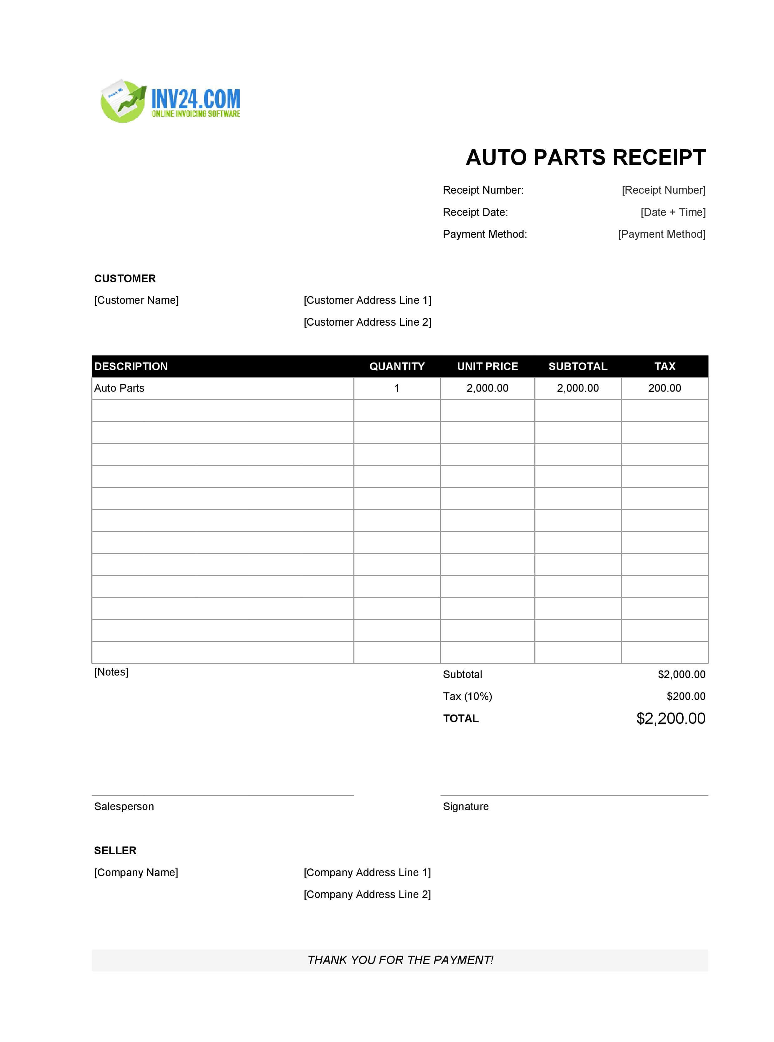 Auto Parts Receipt Template (Excel / Google Sheets)