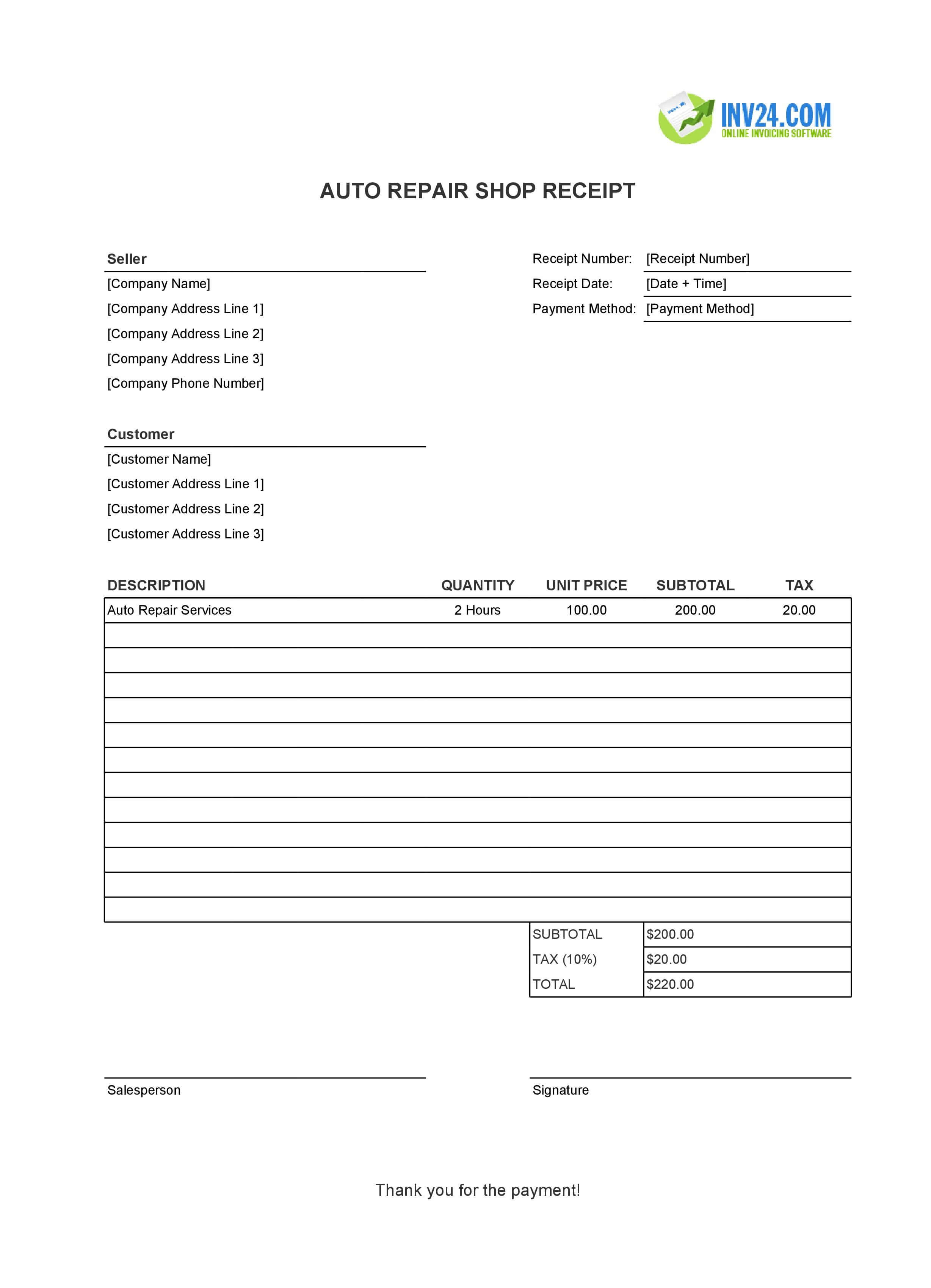 Auto Repair Shop Receipt Template (Excel / Google Sheets)