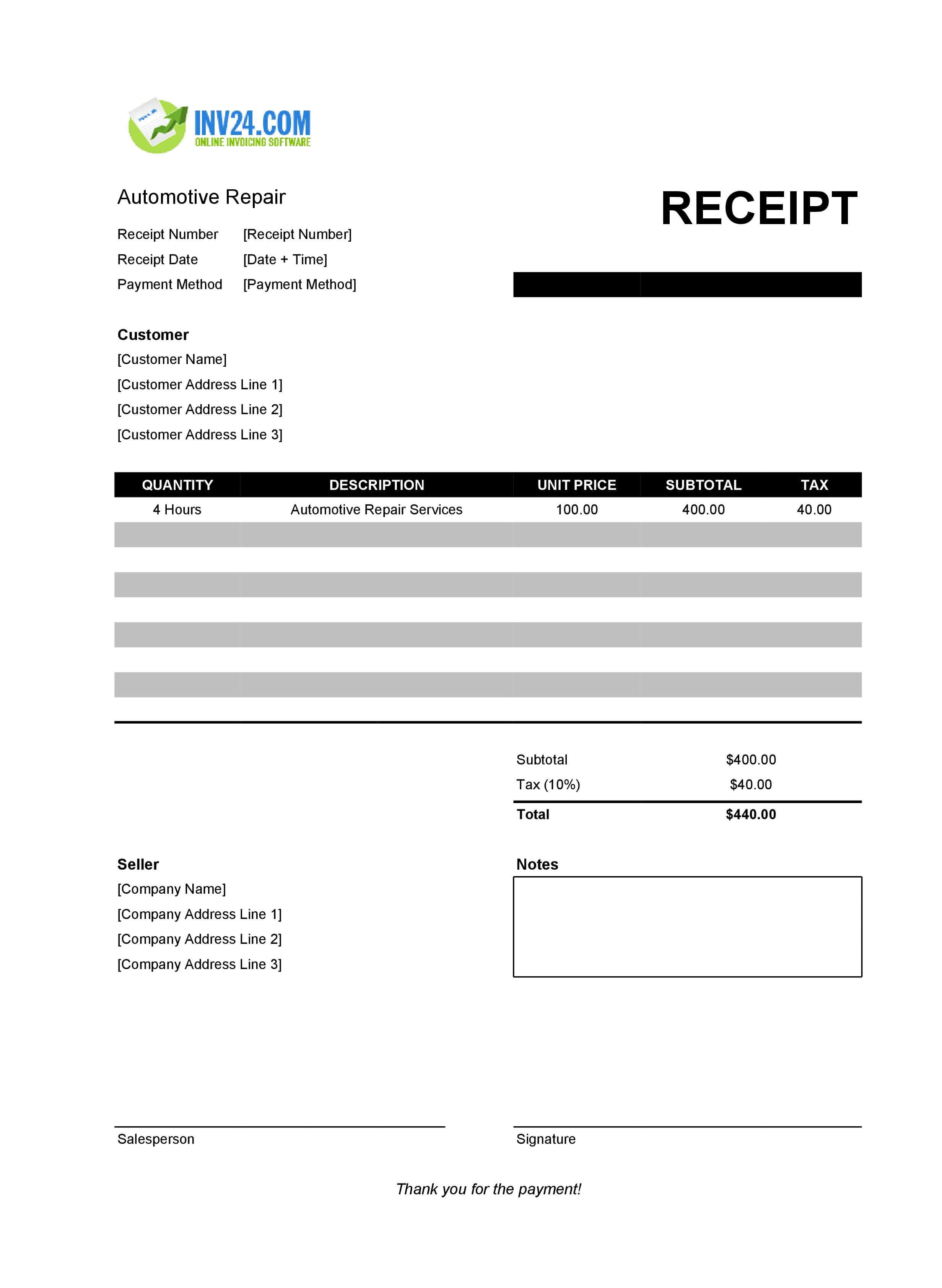 Automotive Repair Receipt Template (Excel / Google Sheets) Automotive Repair Receipt Template (Excel / Google Sheets)