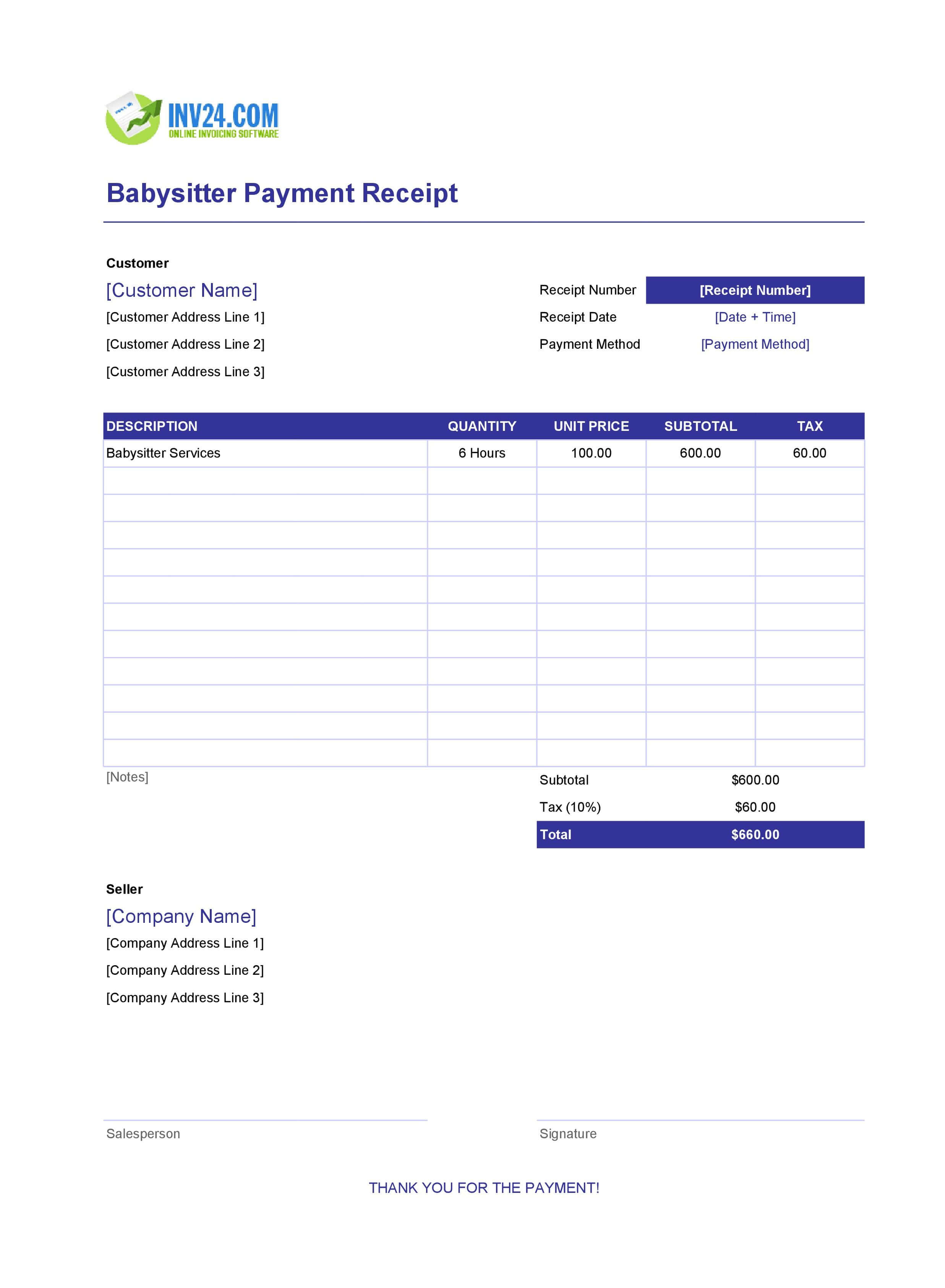Babysitter Payment Receipt Template (Excel / Google Sheets) Babysitter Payment Receipt Template (Excel / Google Sheets)