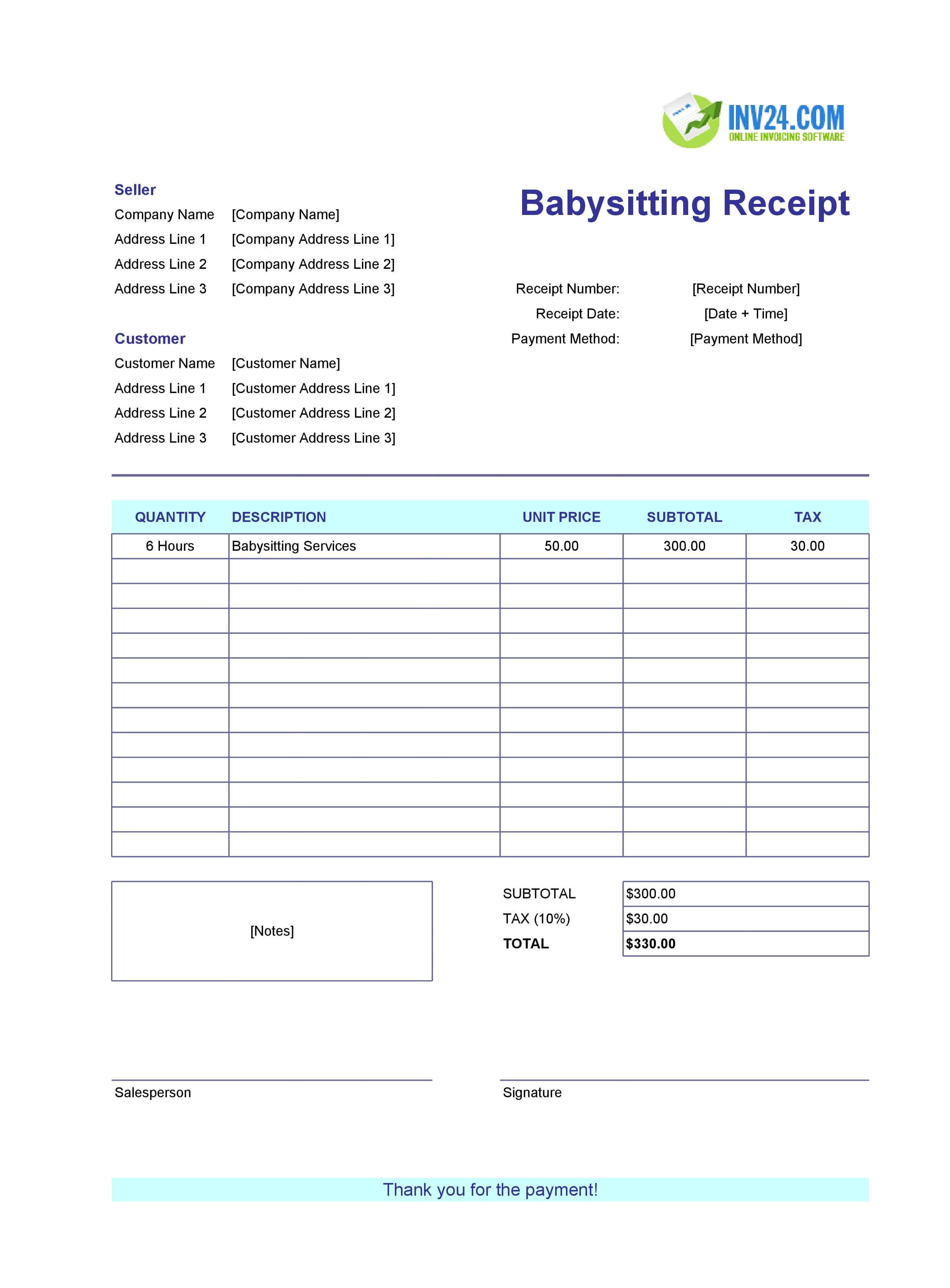 Babysitting Receipt Template (Excel / Google Sheets)