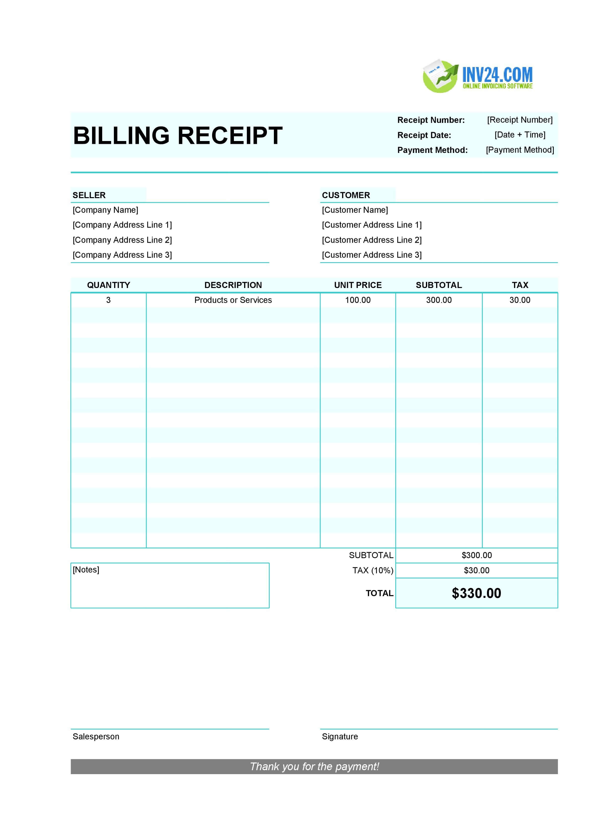 Billing Receipt Template (Excel / Google Sheets)