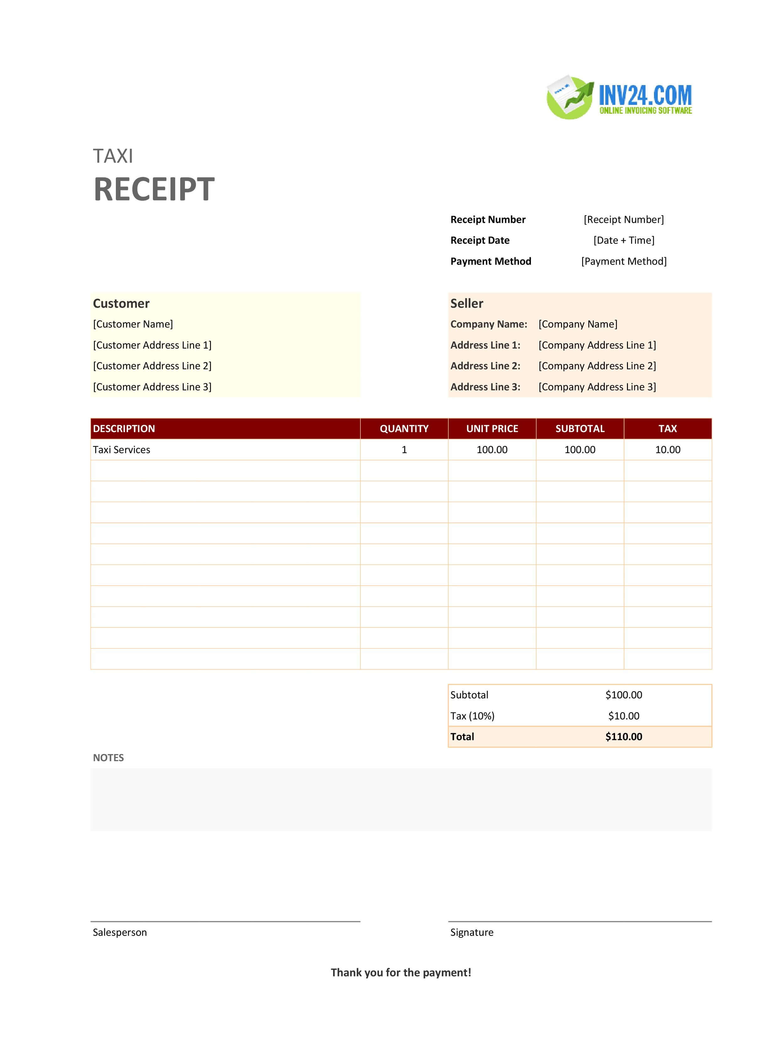 Blank Taxi Receipt Template (Excel / Google Sheets)