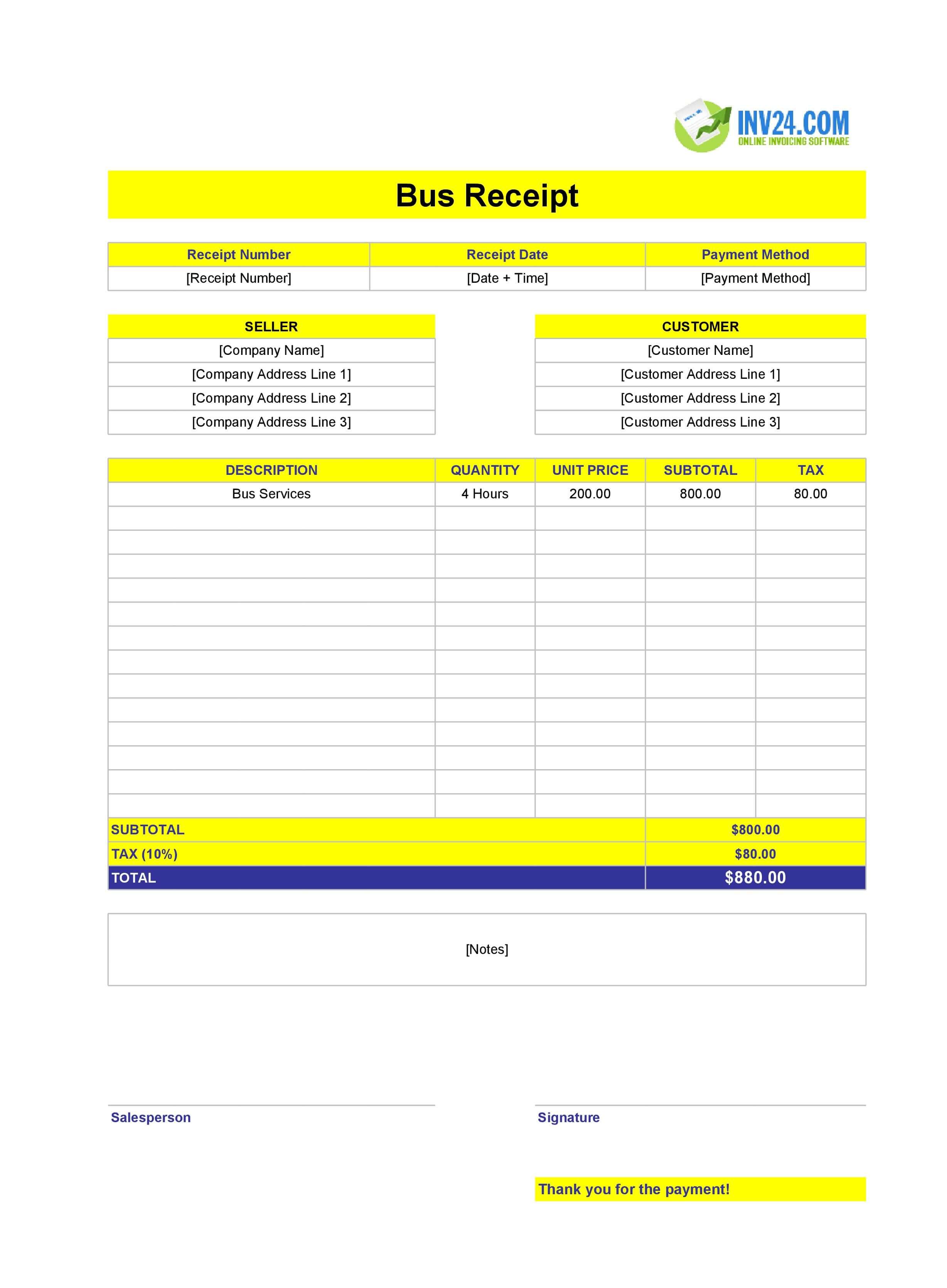 Bus Receipt Template (Excel / Google Sheets)
