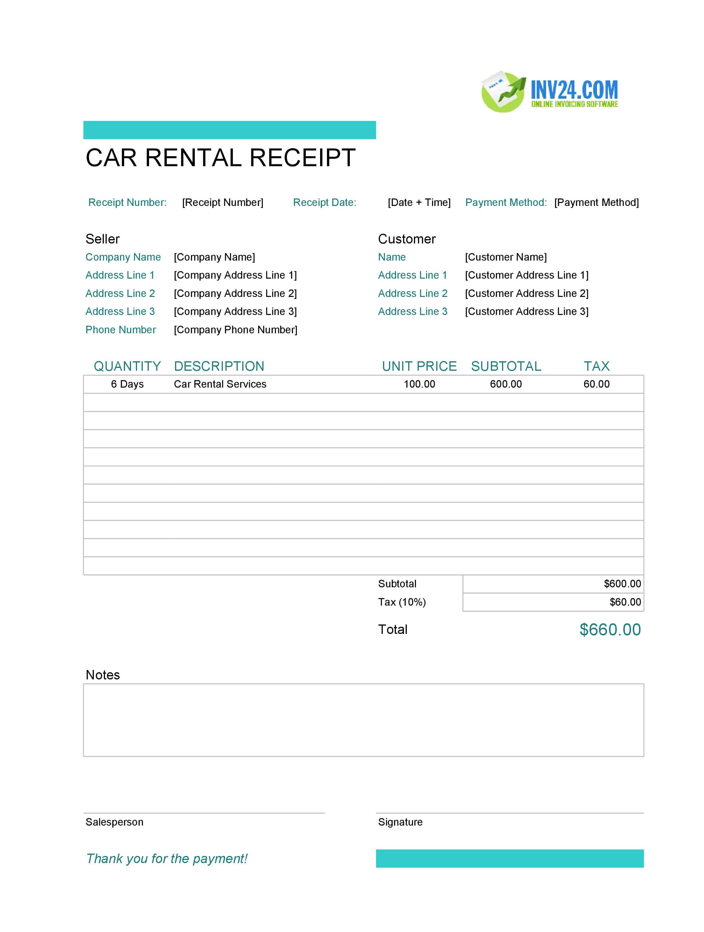 Car Rental Receipt Template (Excel / Google Sheets)