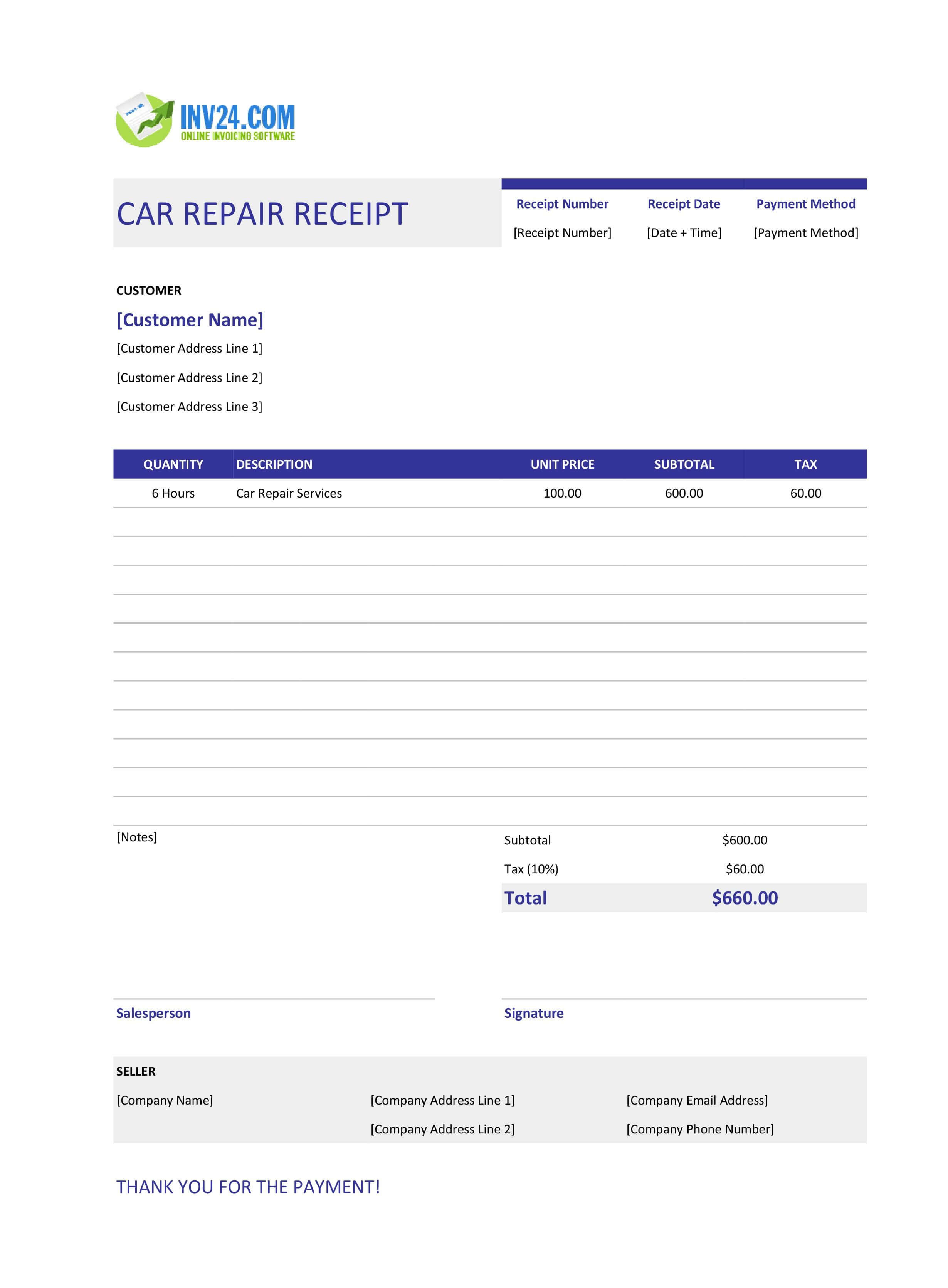 Car Repair Receipt Template (Excel / Google Sheets) Car Repair Receipt Template (Excel / Google Sheets)