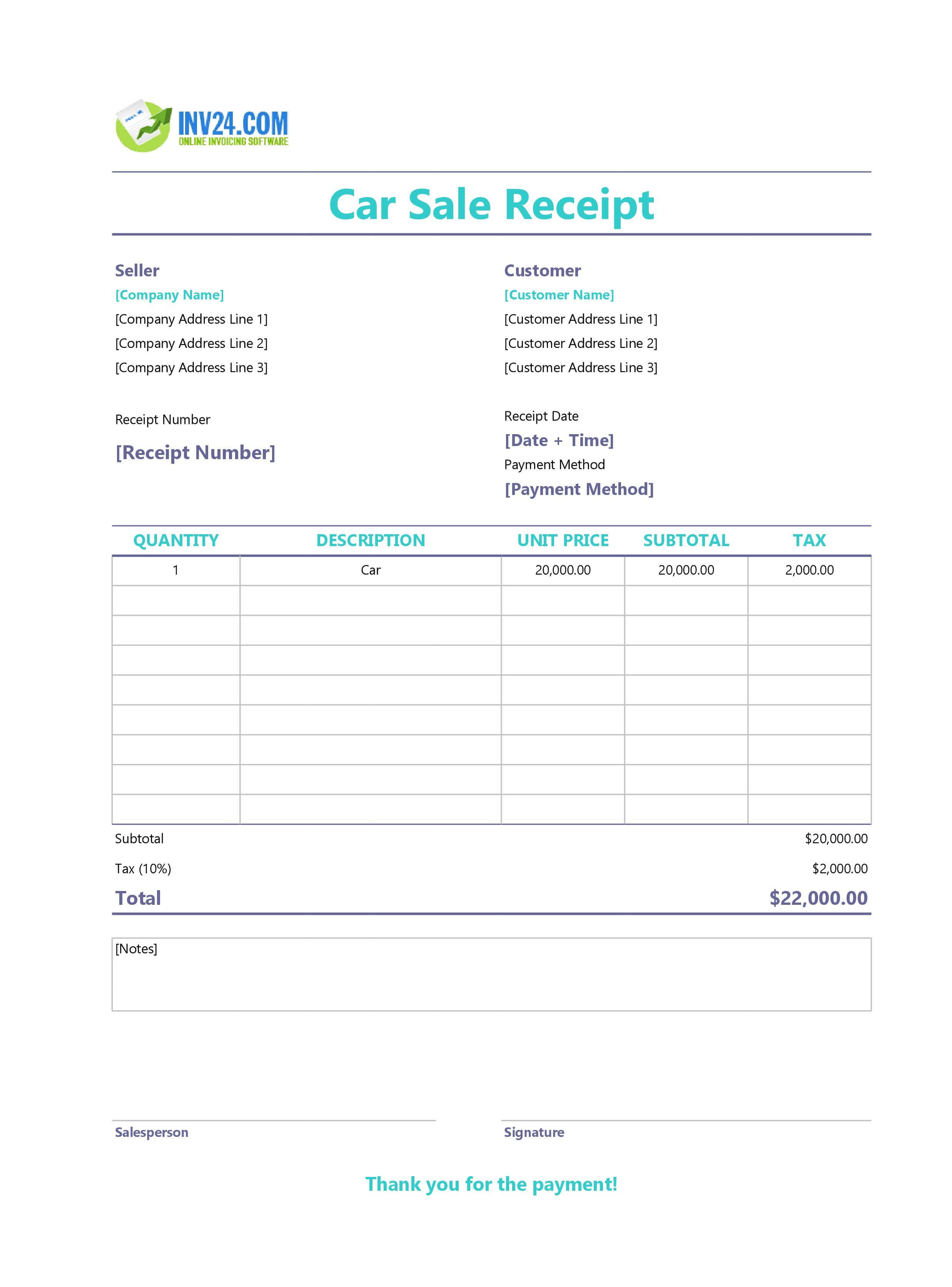 Car Sale Receipt Template (Excel / Google Sheets)