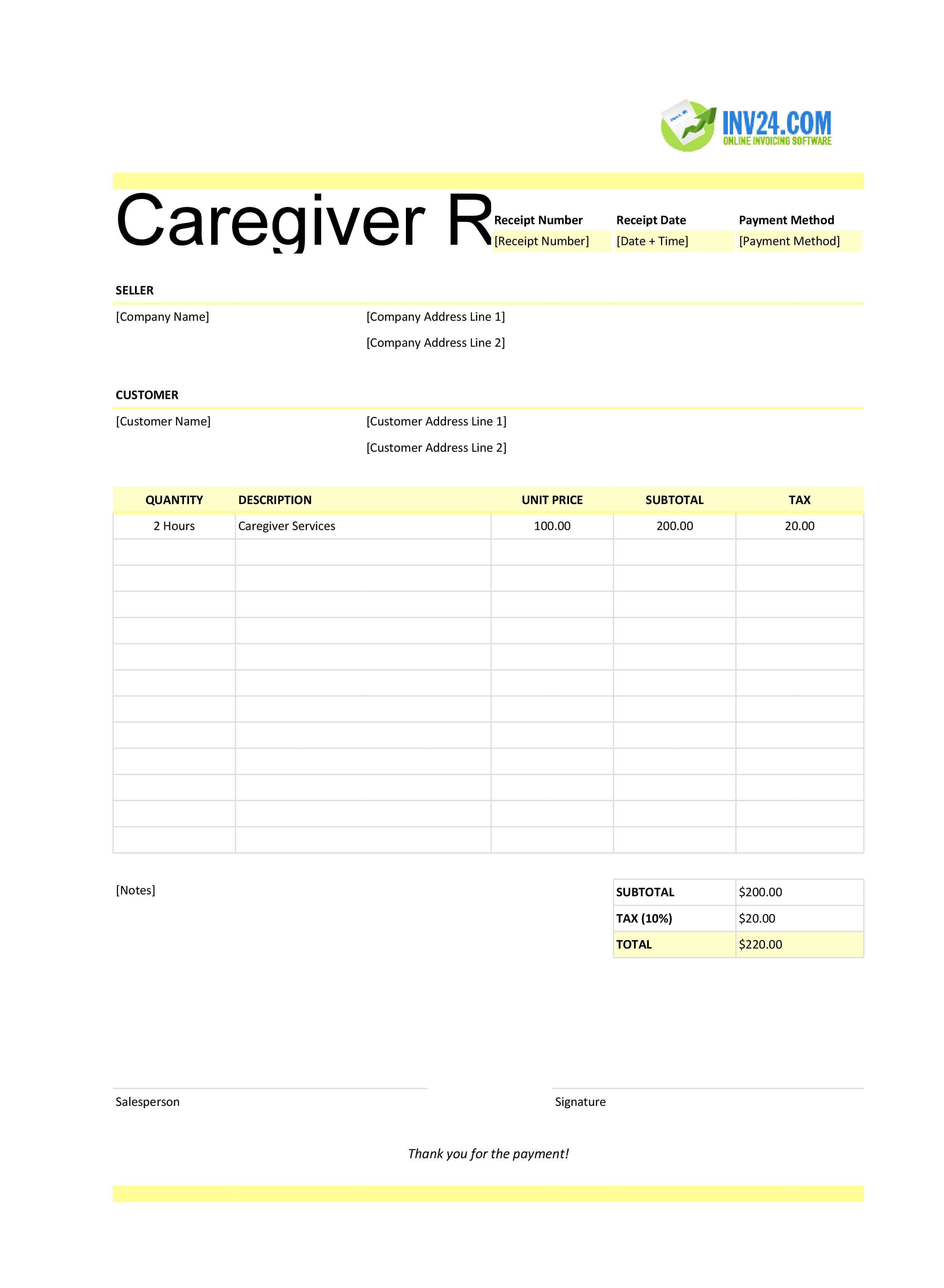 Caregiver Receipt Template (Excel / Google Sheets)