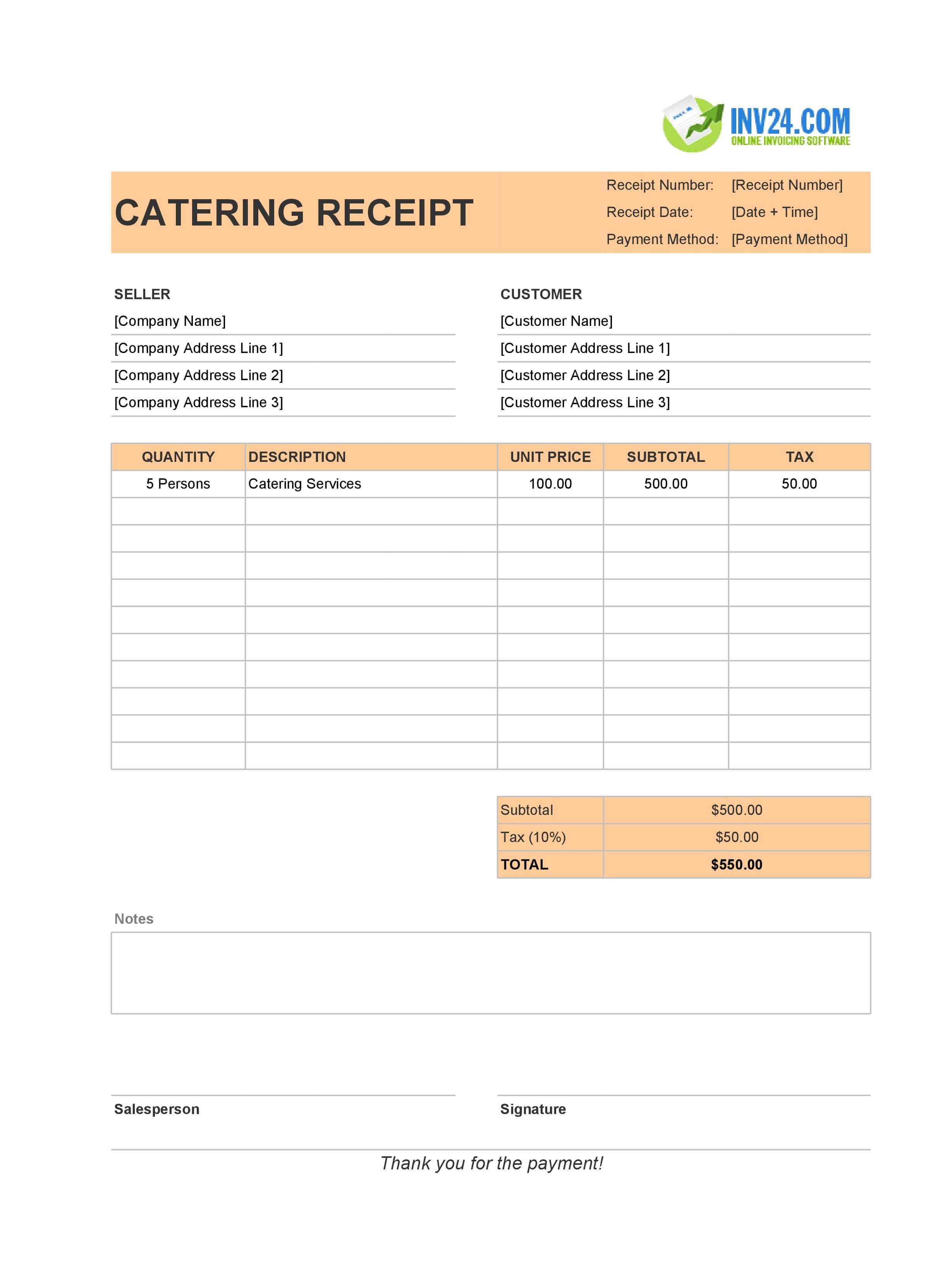 Catering Receipt Template (Excel / Google Sheets)