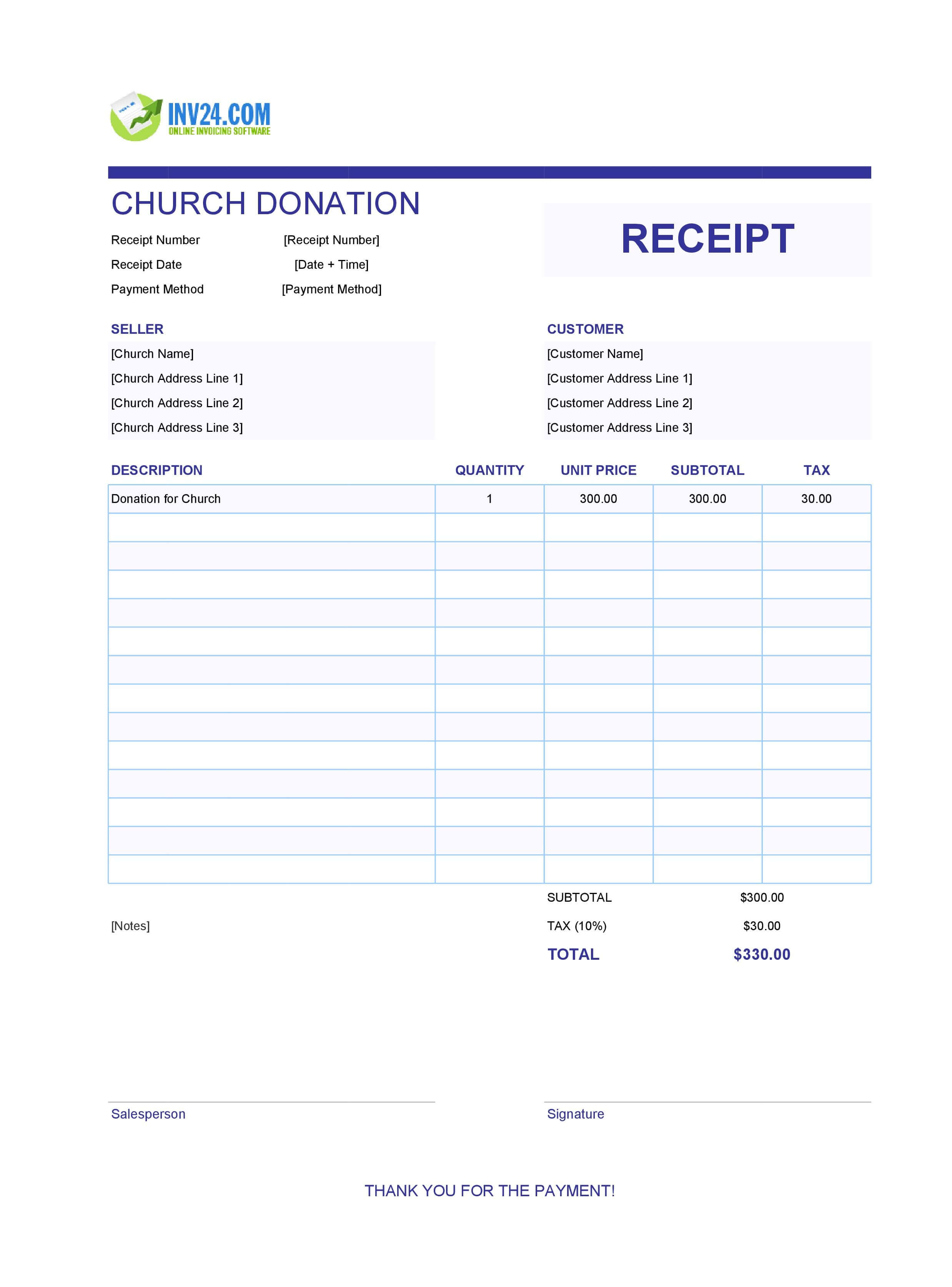 Church Donation Receipt Template (Excel / Google Sheets)