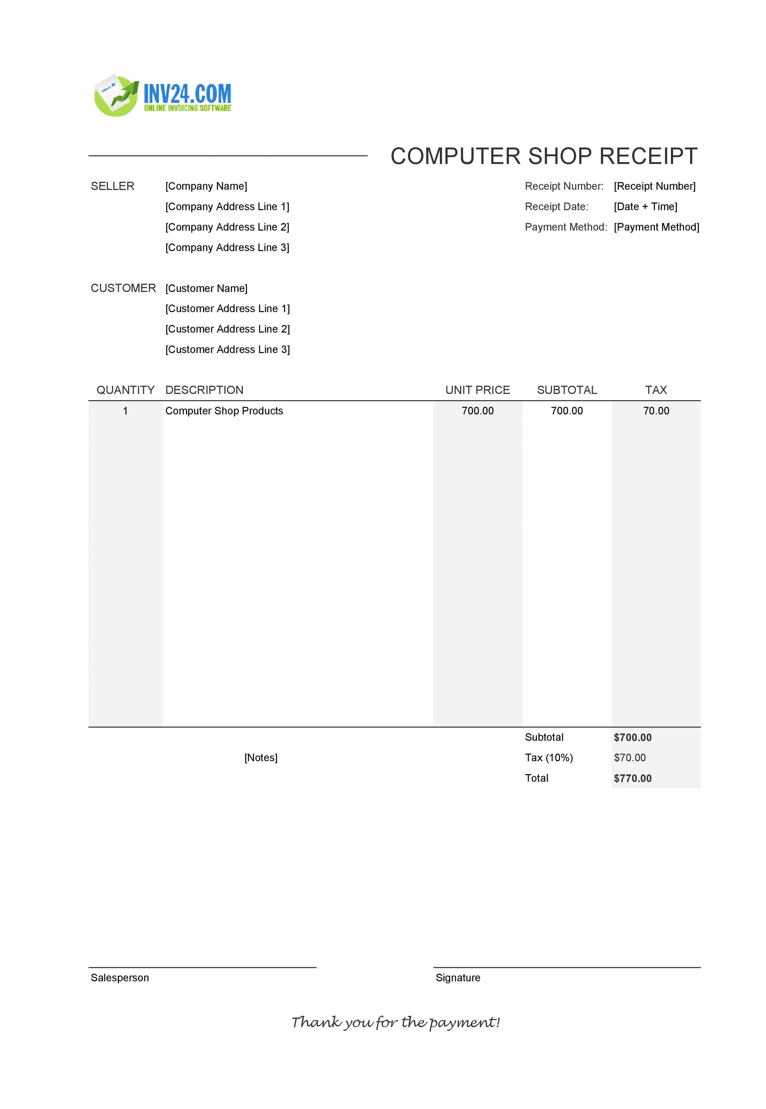 Computer Shop Receipt Template (Excel / Google Sheets)