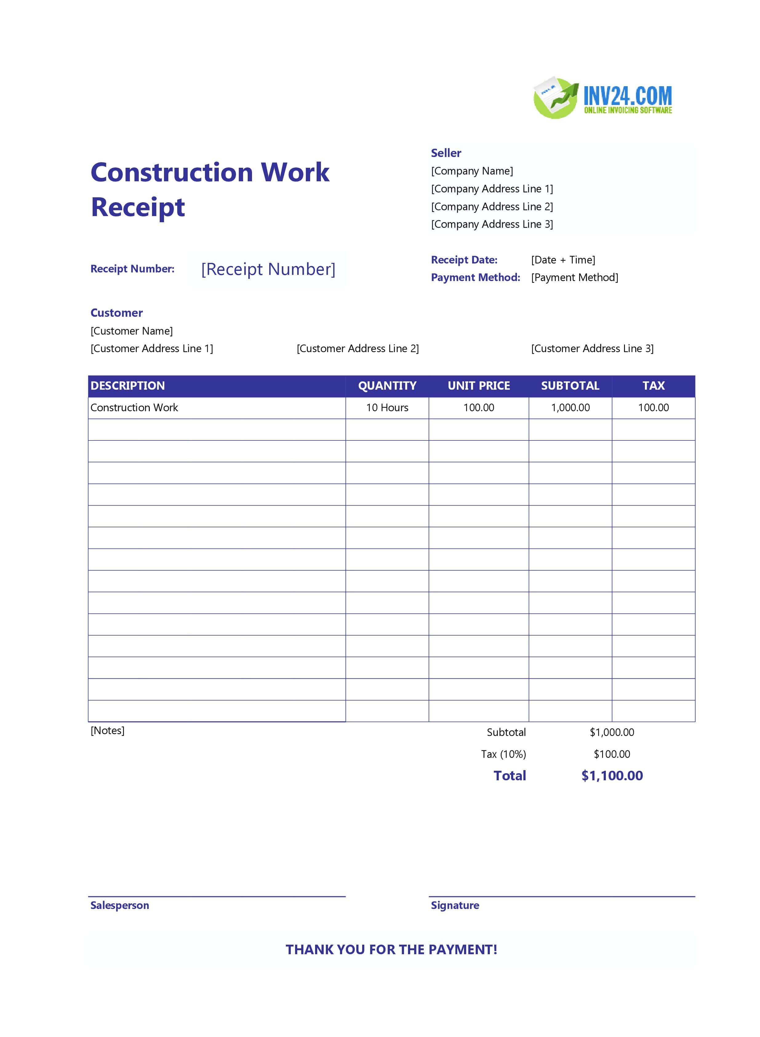 Construction Work Receipt Template (Excel / Google Sheets) Construction Work Receipt Template (Excel / Google Sheets)