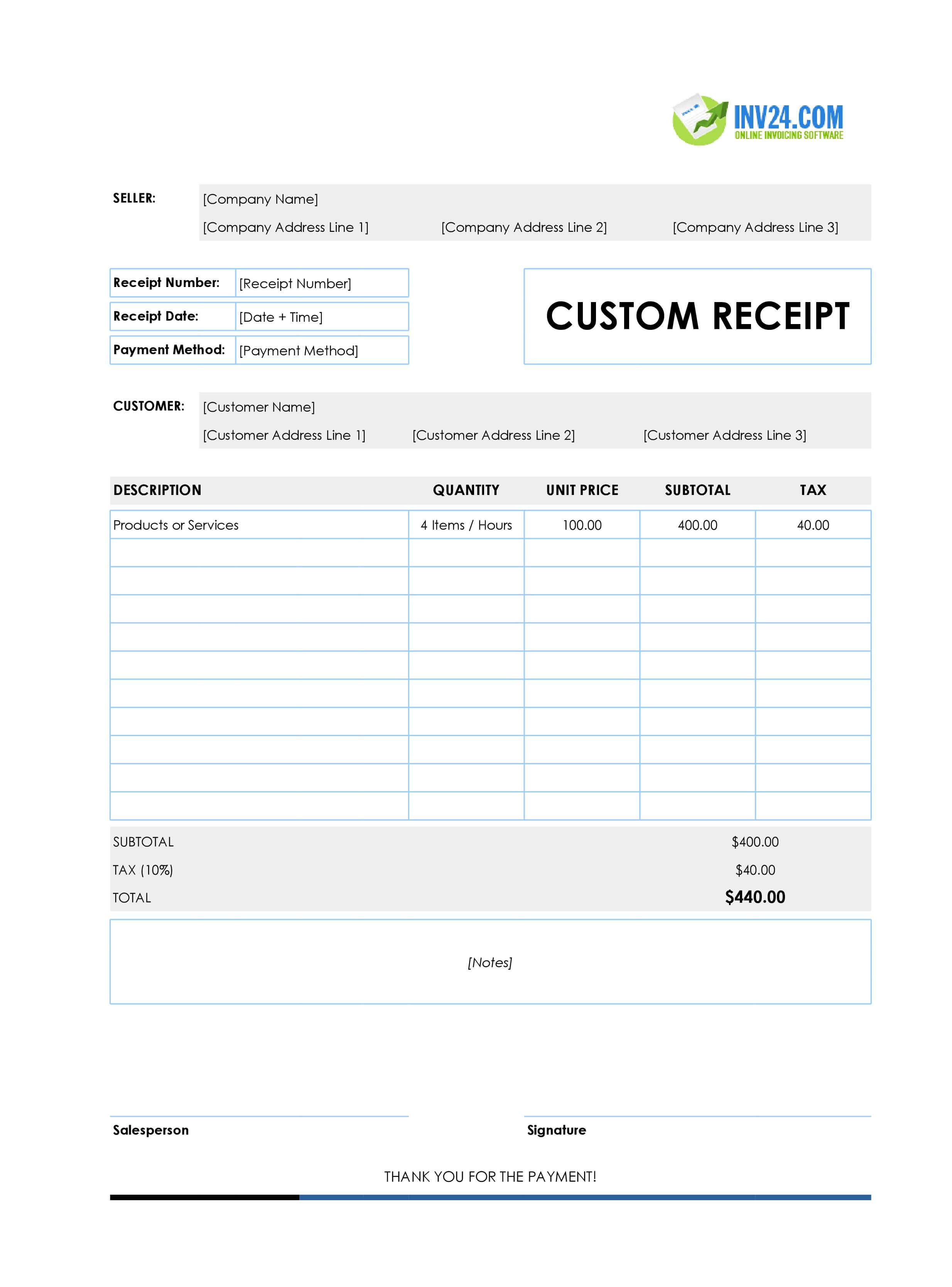 Custom Receipt Template (Excel / Google Sheets)