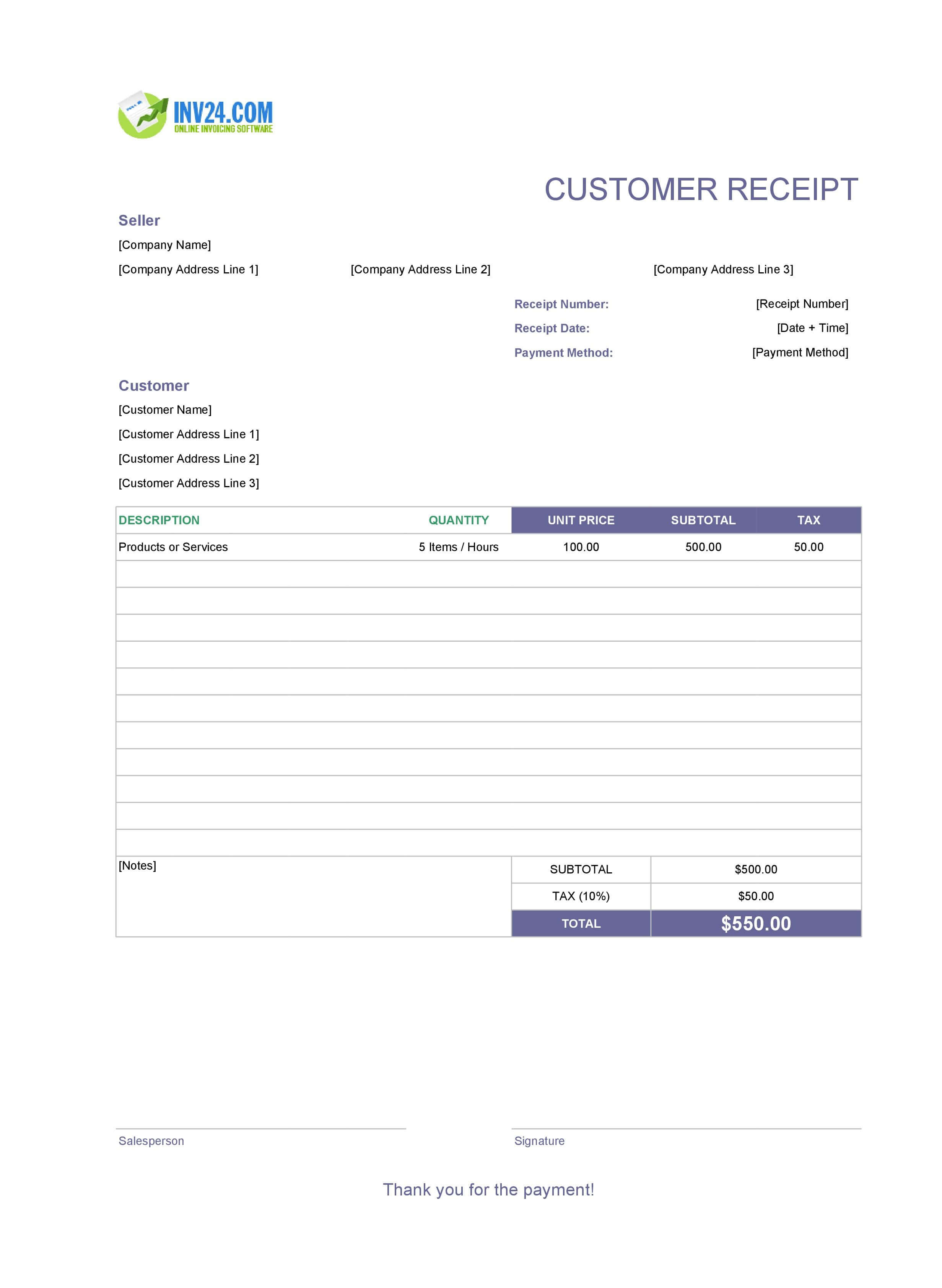 Customer Receipt Template (Excel / Google Sheets)