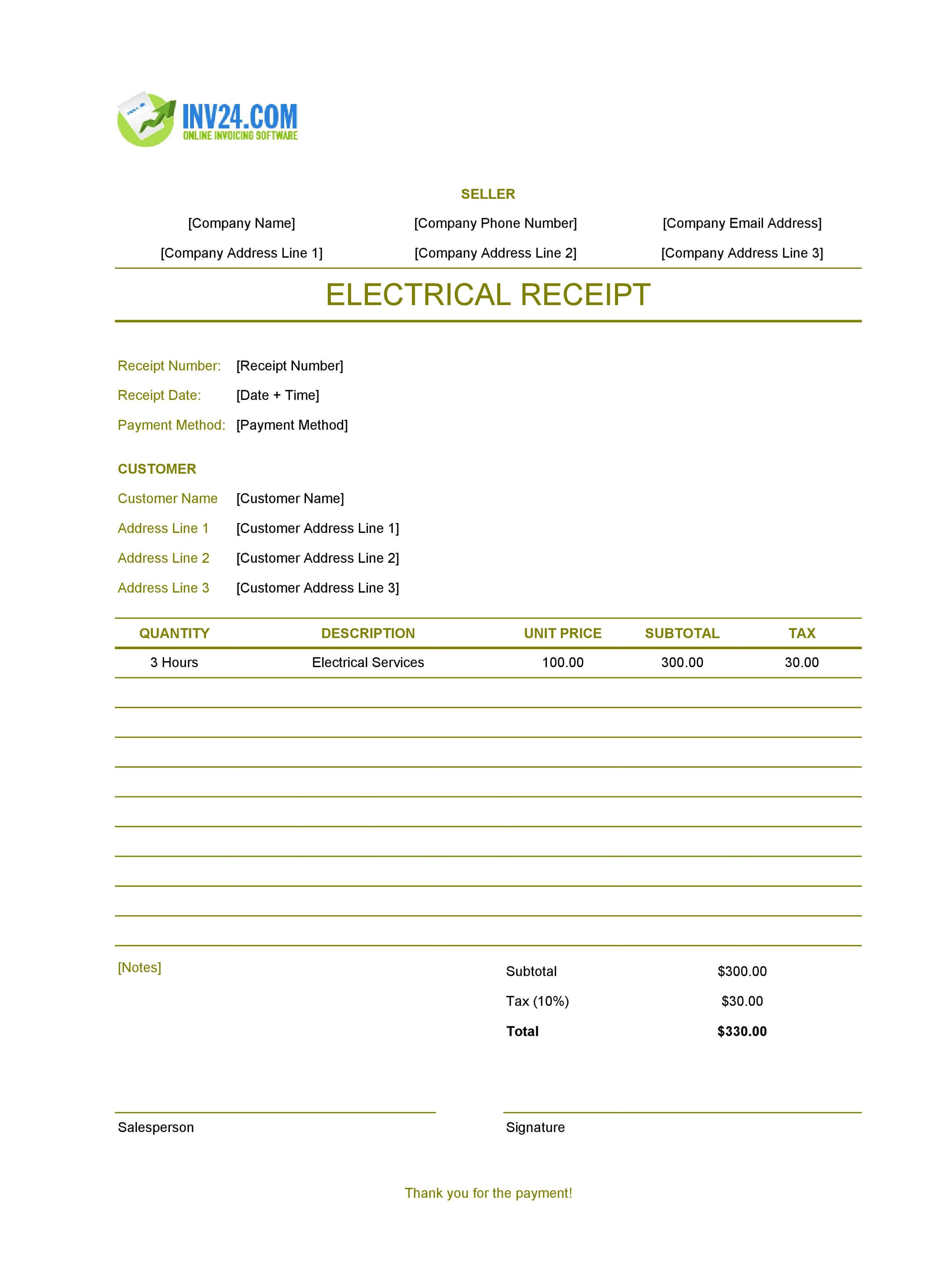 Electrical Receipt Template (Excel / Google Sheets)