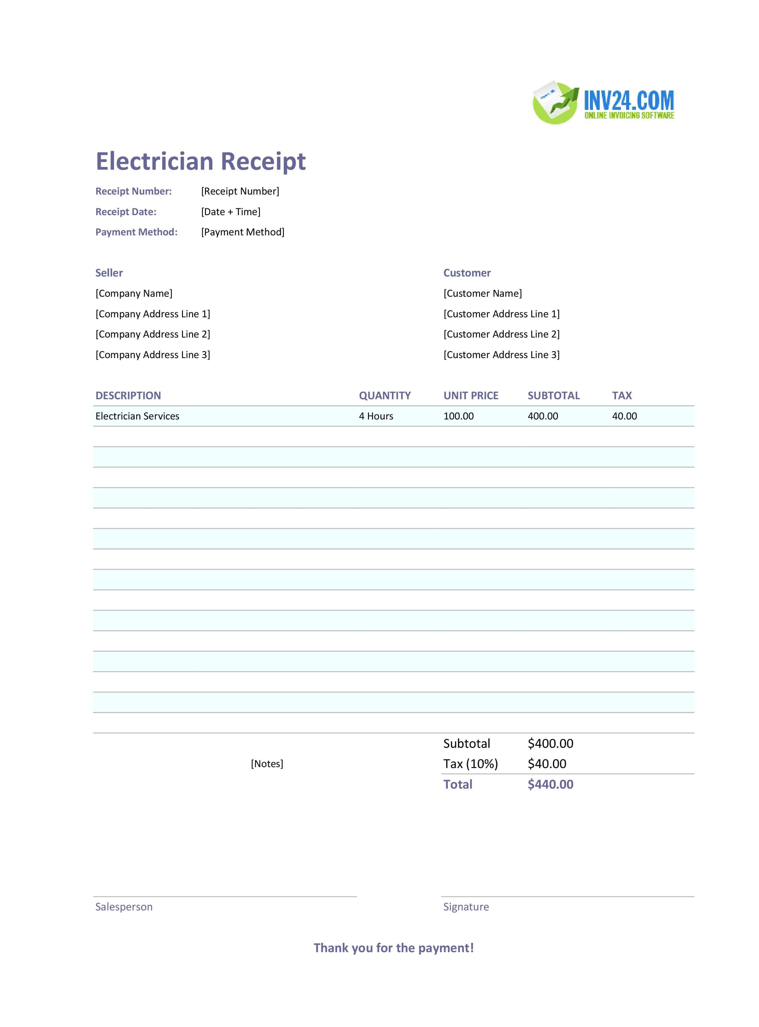 Electrician Receipt Template (Excel / Google Sheets) Electrician Receipt Template (Excel / Google Sheets)